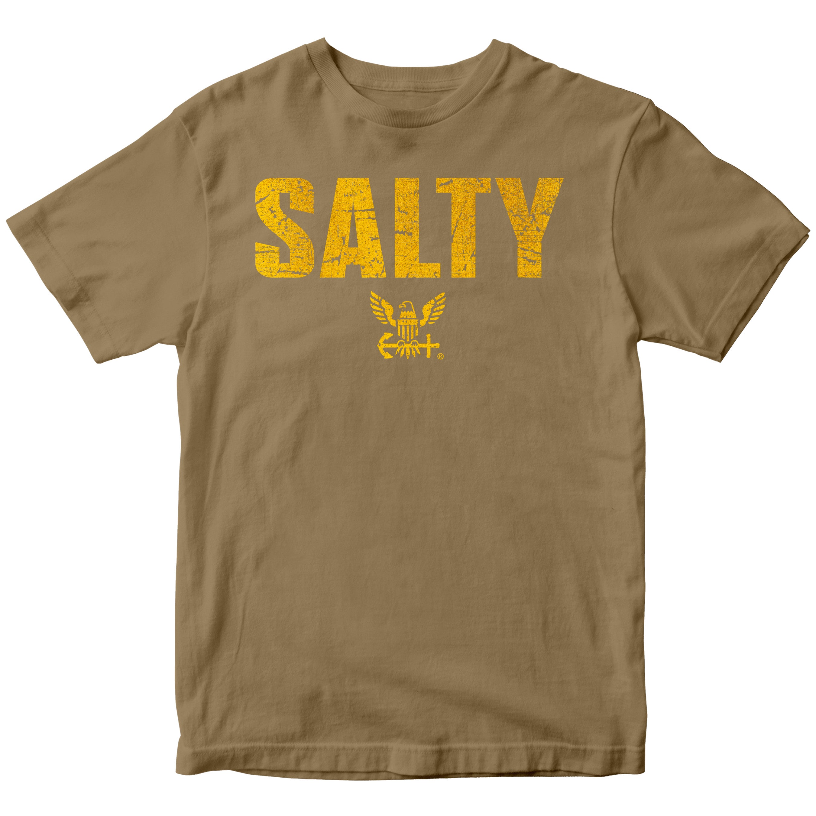 Brown U.S. Navy Salty Tee with distressed gold SALTY lettering and Navy eagle emblem
