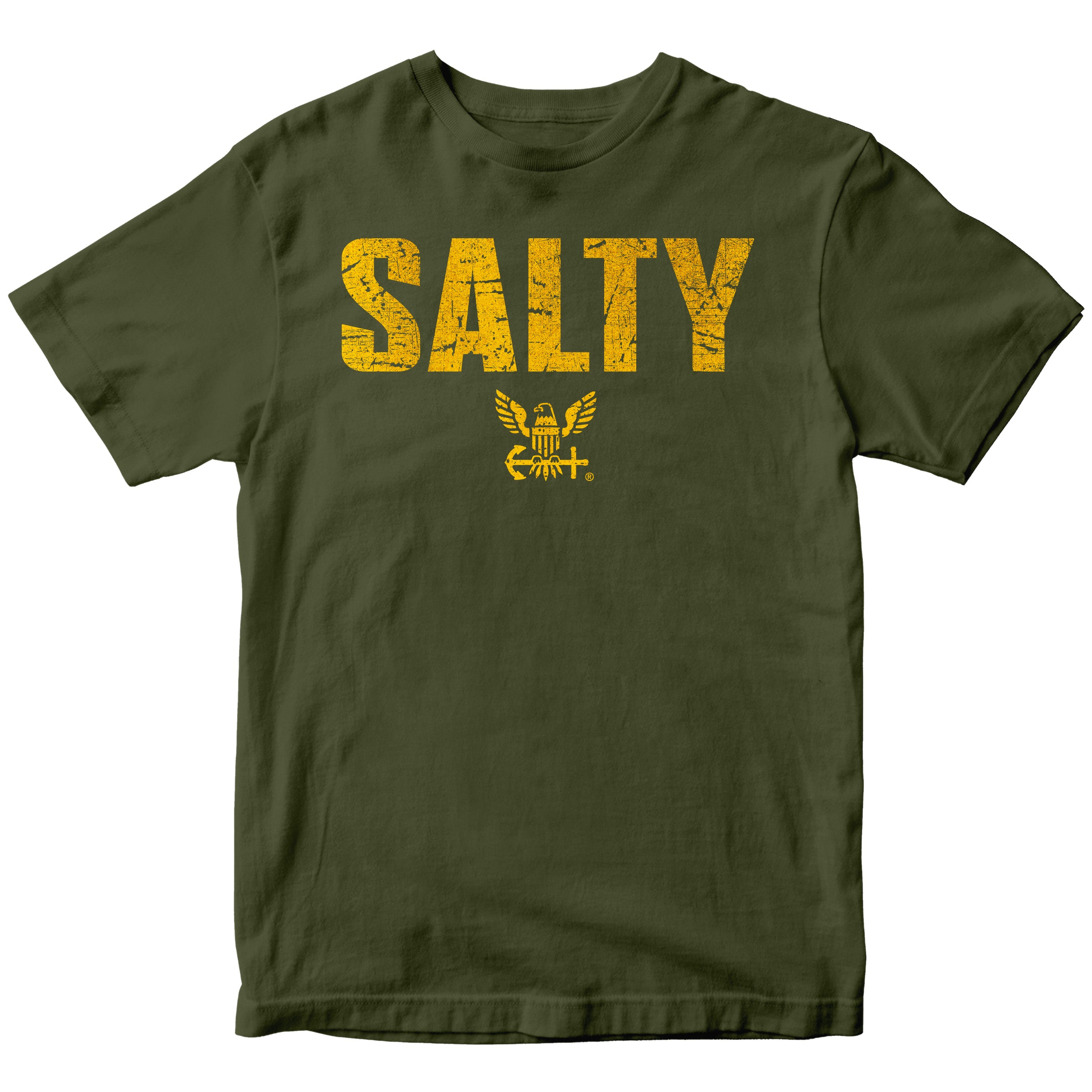 Green U.S. Navy Salty Tee with distressed gold SALTY lettering and Navy eagle emblem