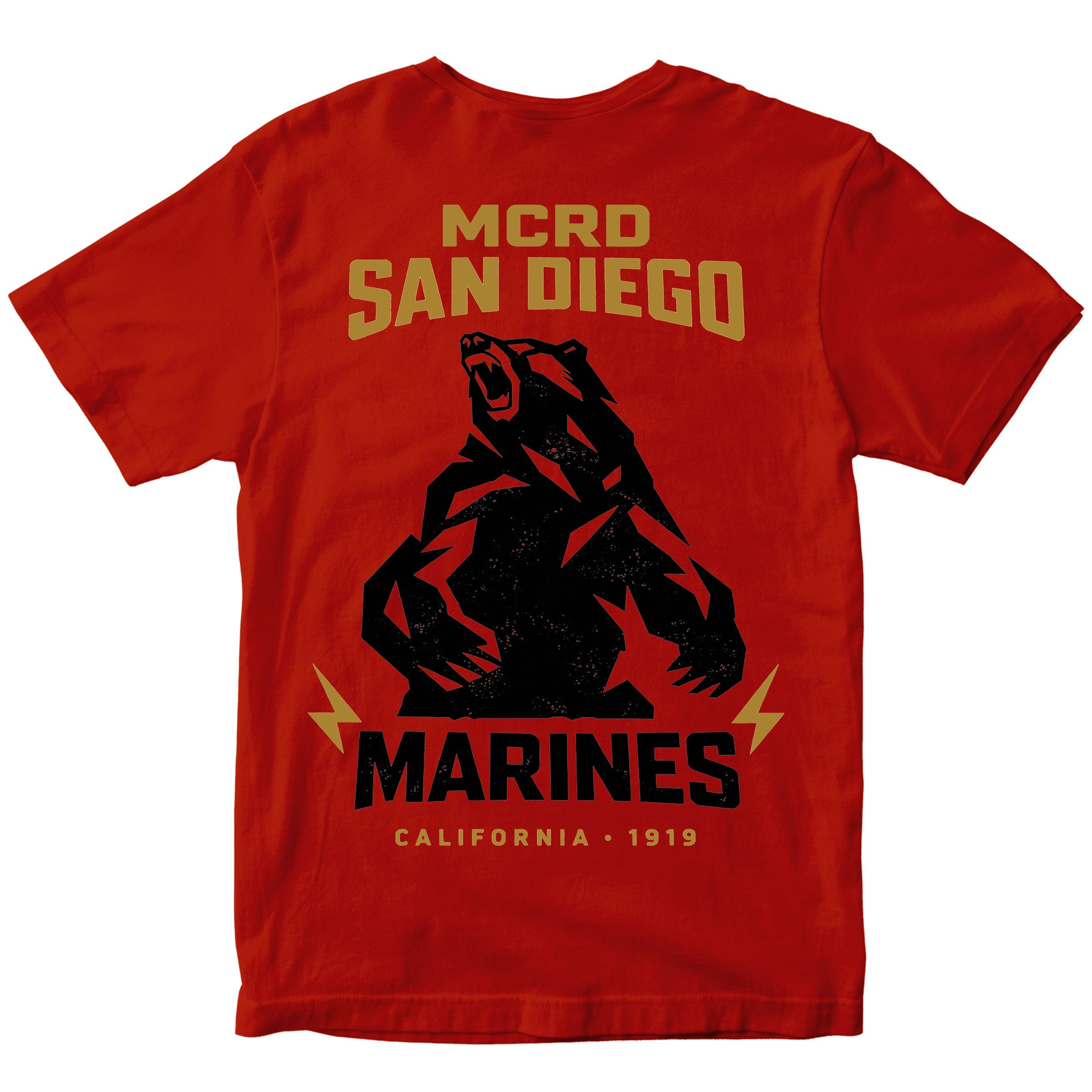 United States Marine Corps MCRD San Diego California bear T-shirt with Marine Corps emblem. Red MCRD San Diego Tee.