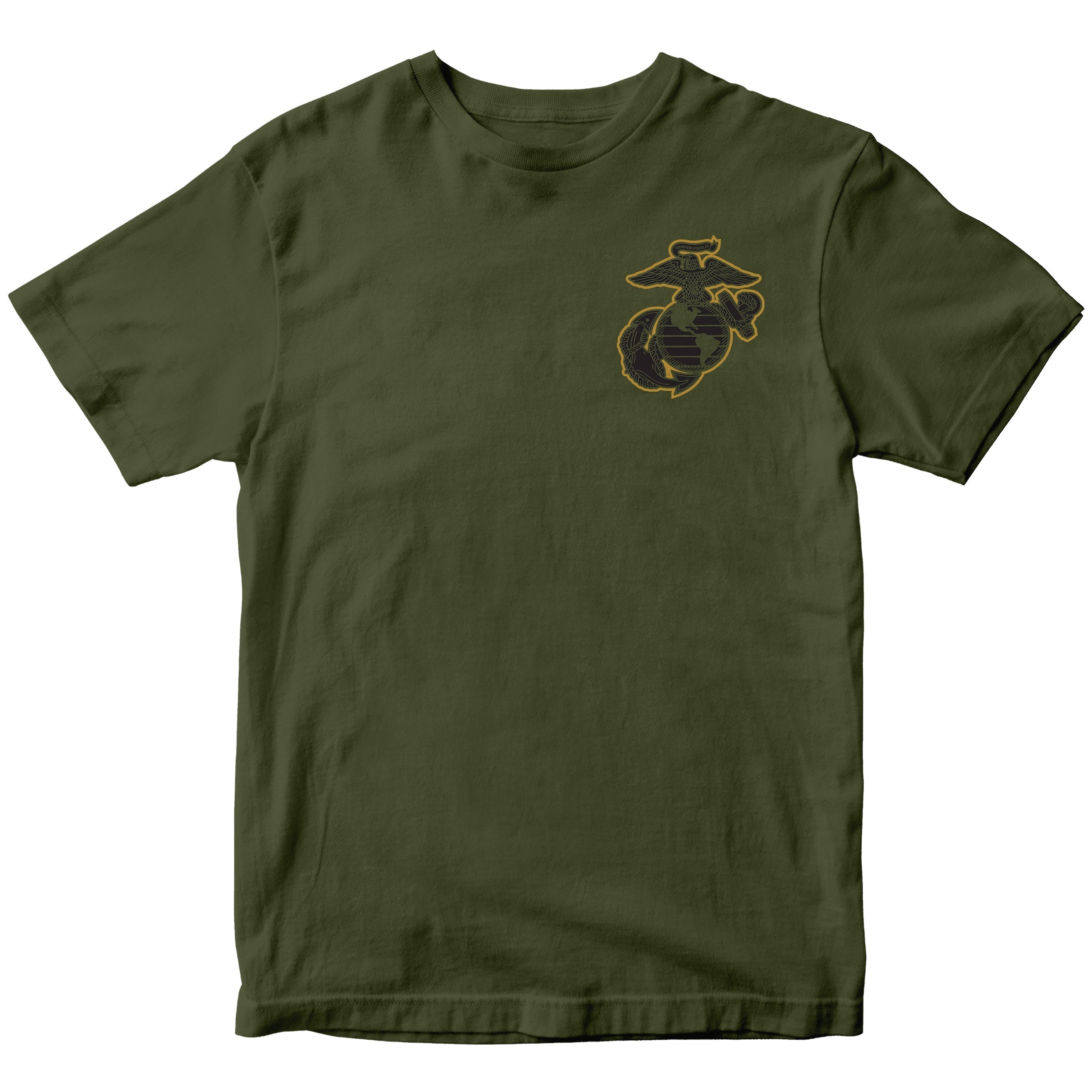United States Marine Corps MCRD San Diego California bear T-shirt with Marine Corps emblem. Green MCRD San Diego Tee.