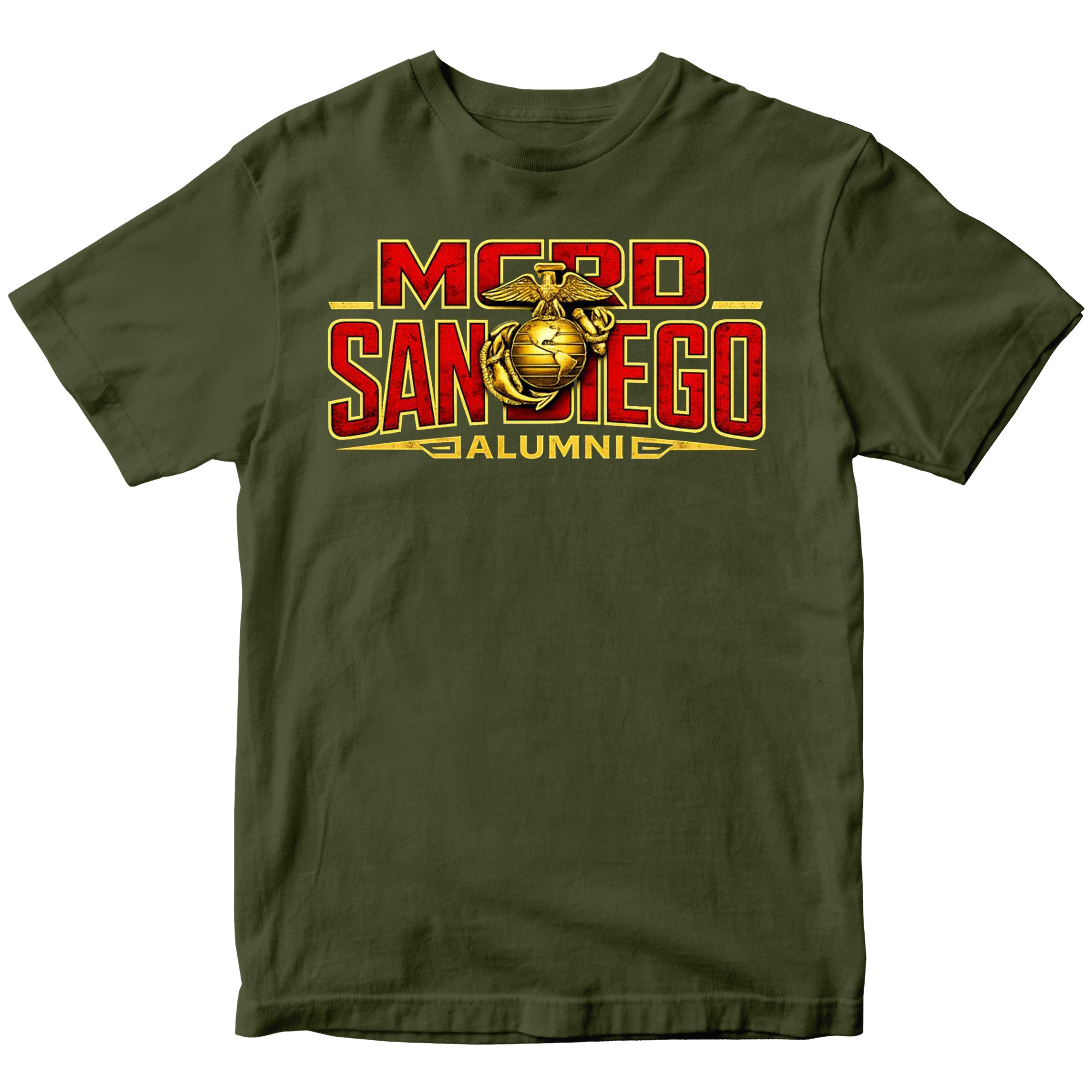 United States Marine Corps San Diego alumni shirt featuring EGA emblem. Green MCRD San Diego Tee.