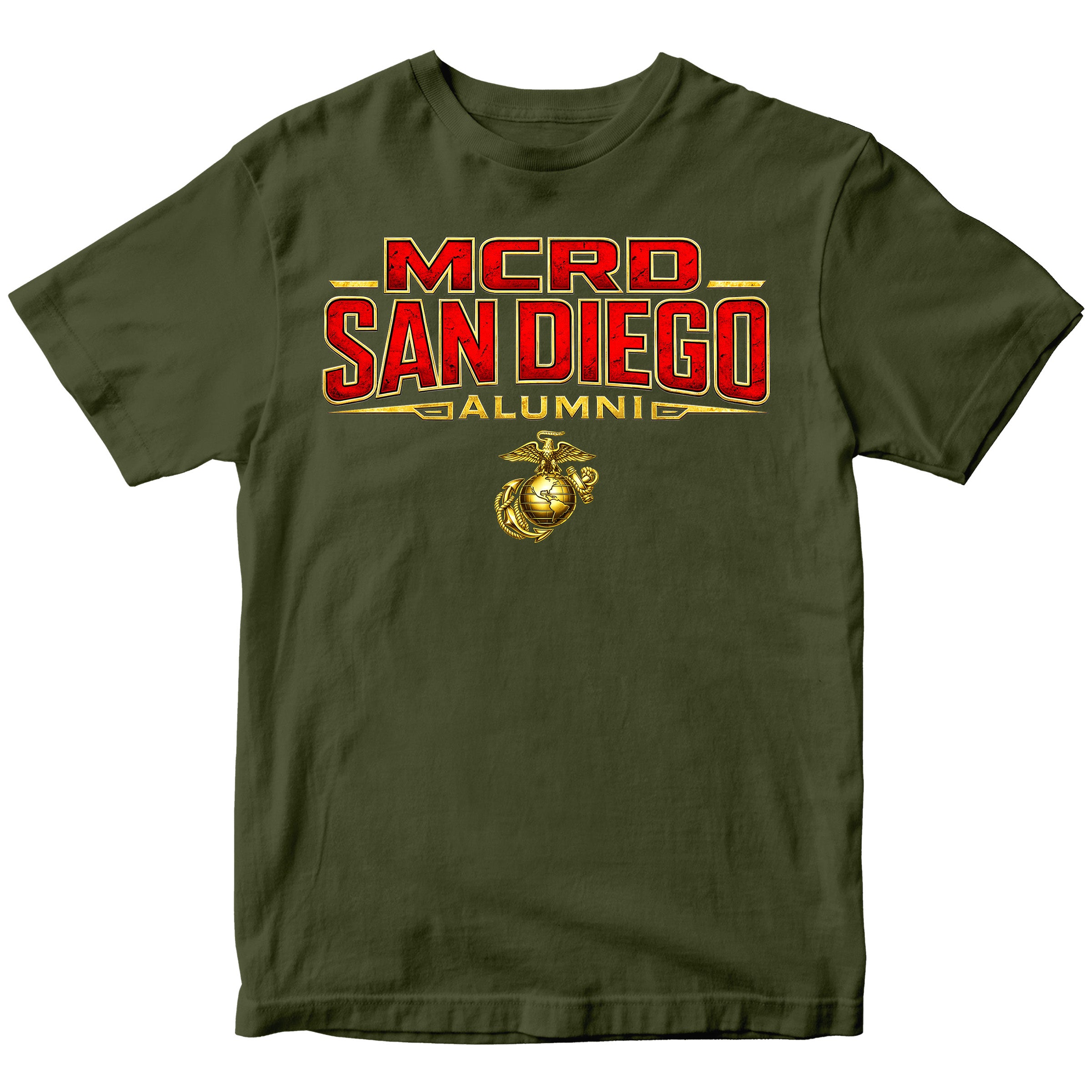 United States Marine Corps San Diego alumni shirt featuring EGA emblem. Green MCRD San Diego Tee.