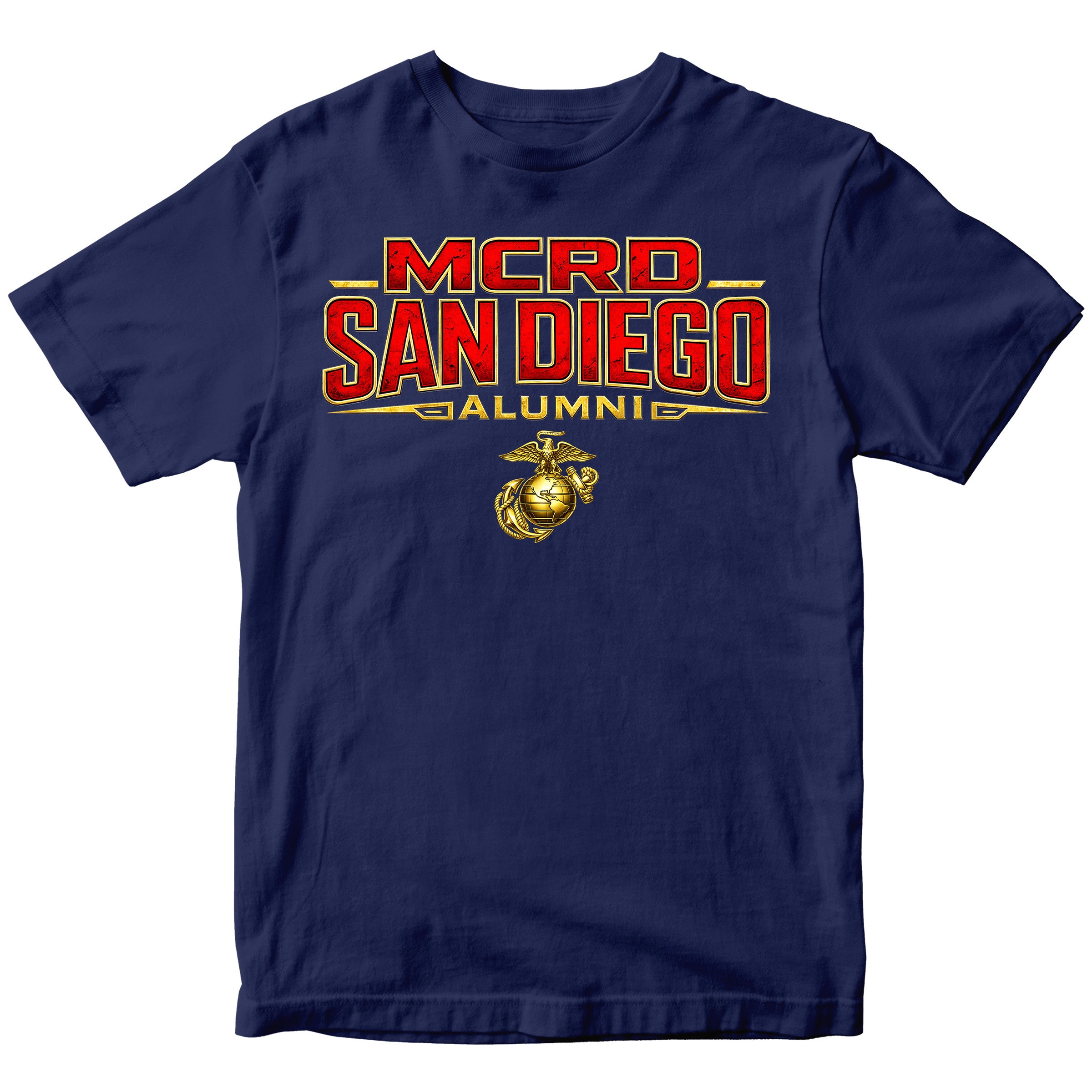 United States Marine Corps San Diego alumni shirt featuring EGA emblem. Navy Blue MCRD San Diego Tee.