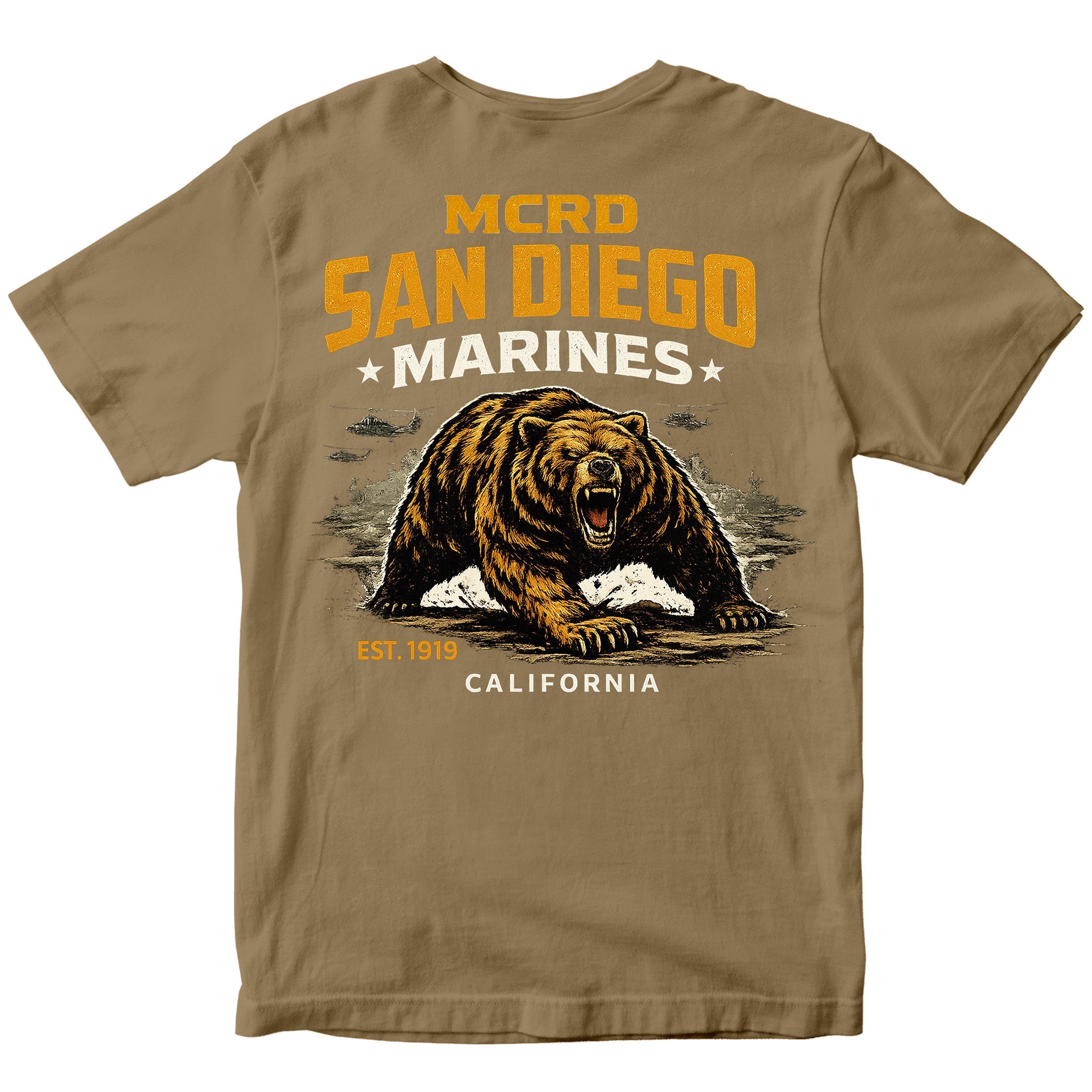 MCRD San Diego Marines T-shirt with bear graphic and Eagle Globe and Anchor. Brown United States Marine Corps MCRD San Diego Tee