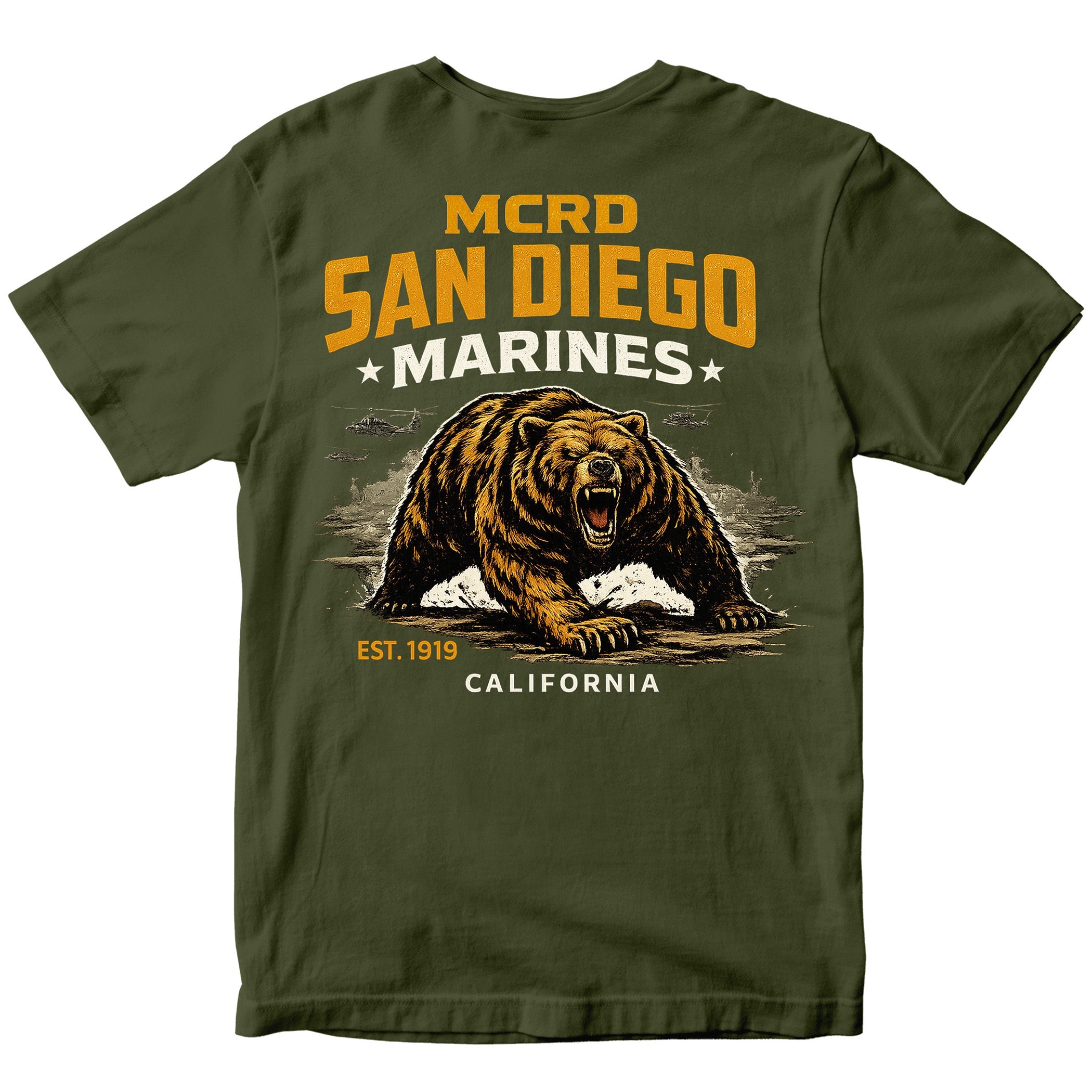 MCRD San Diego Marines T-shirt with bear graphic and Eagle Globe and Anchor. Green United States Marine Corps MCRD San Diego Tee
