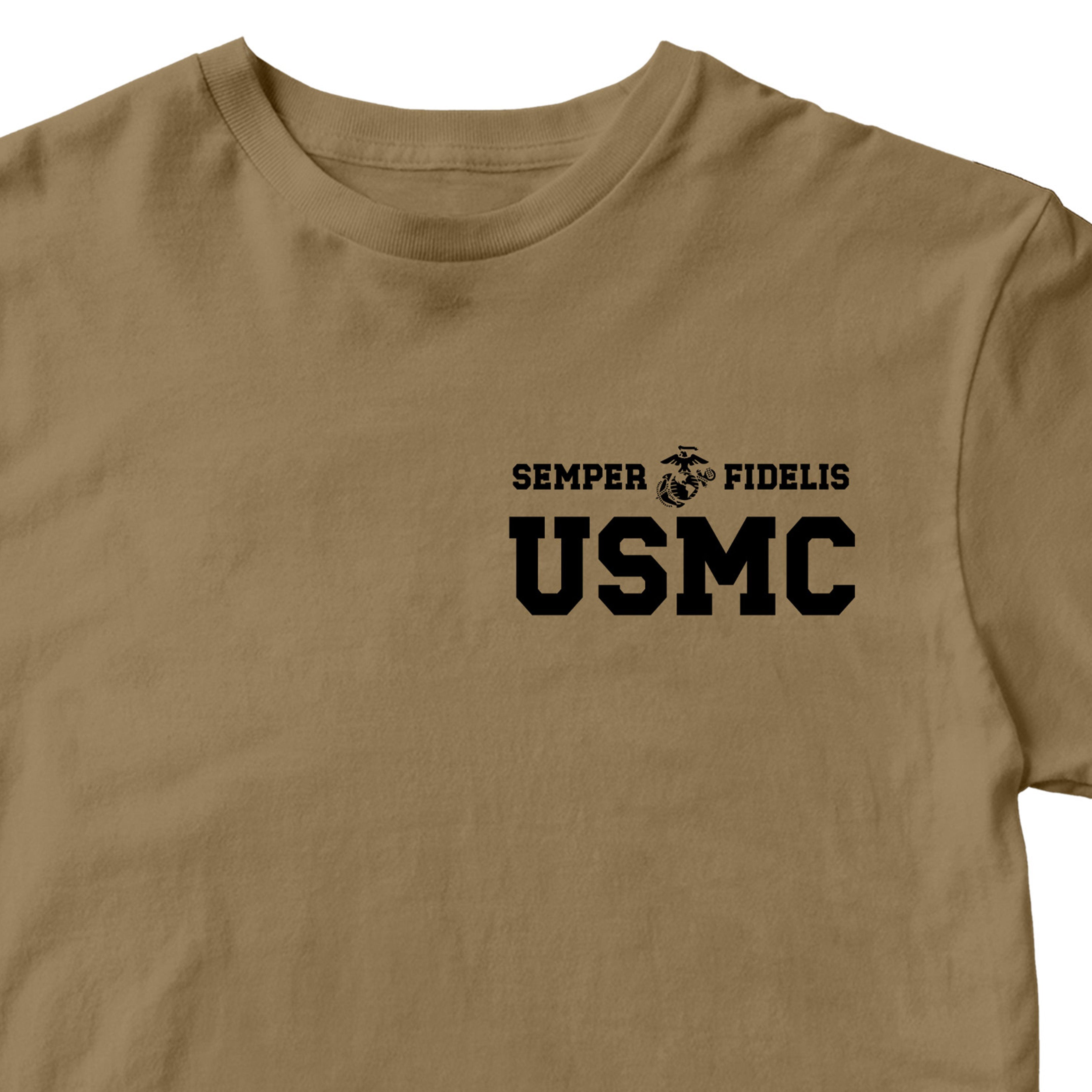 Brown USMC t-shirt with Semper Fidelis and Eagle Globe Anchor design