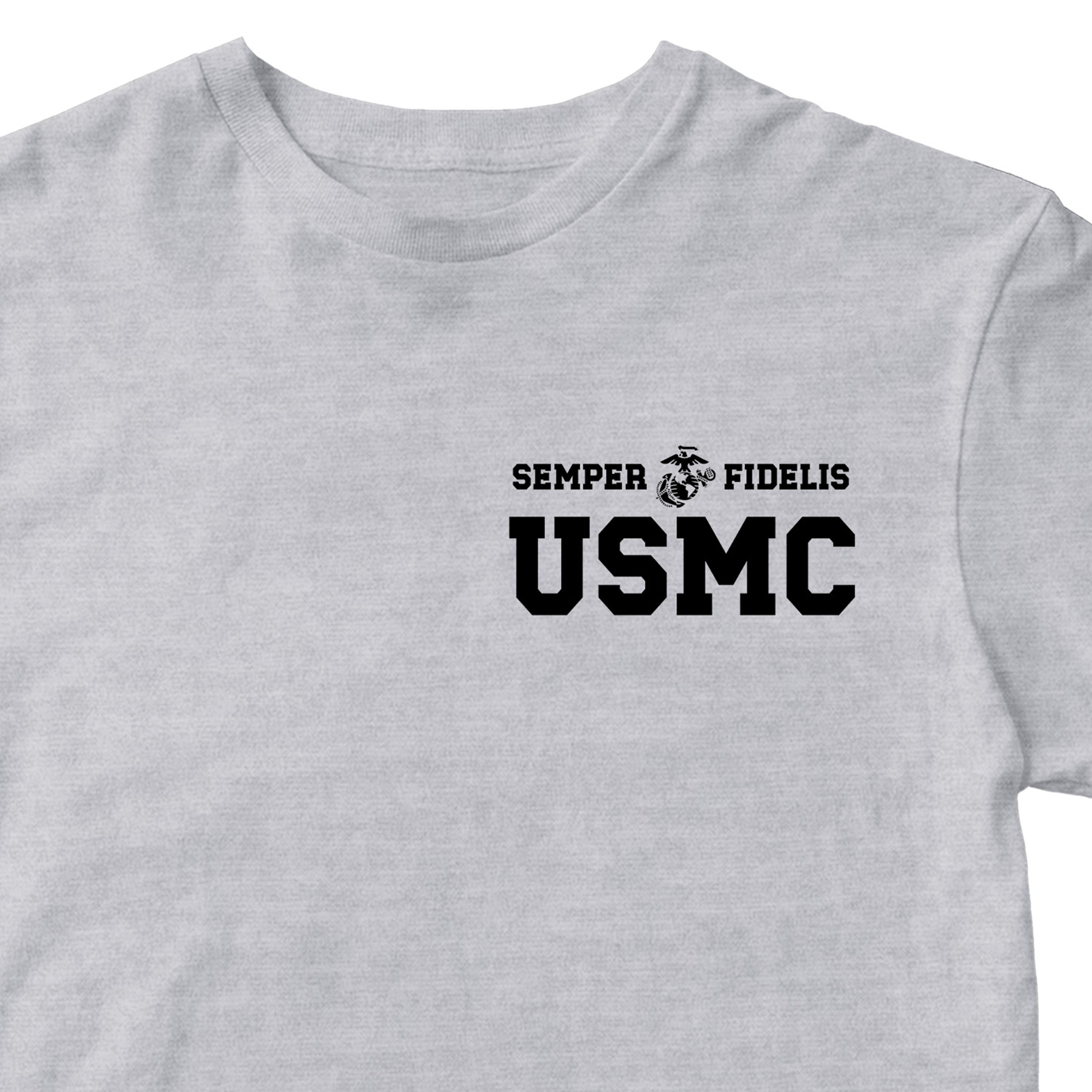 Grey USMC t-shirt with Semper Fidelis and Eagle Globe Anchor design