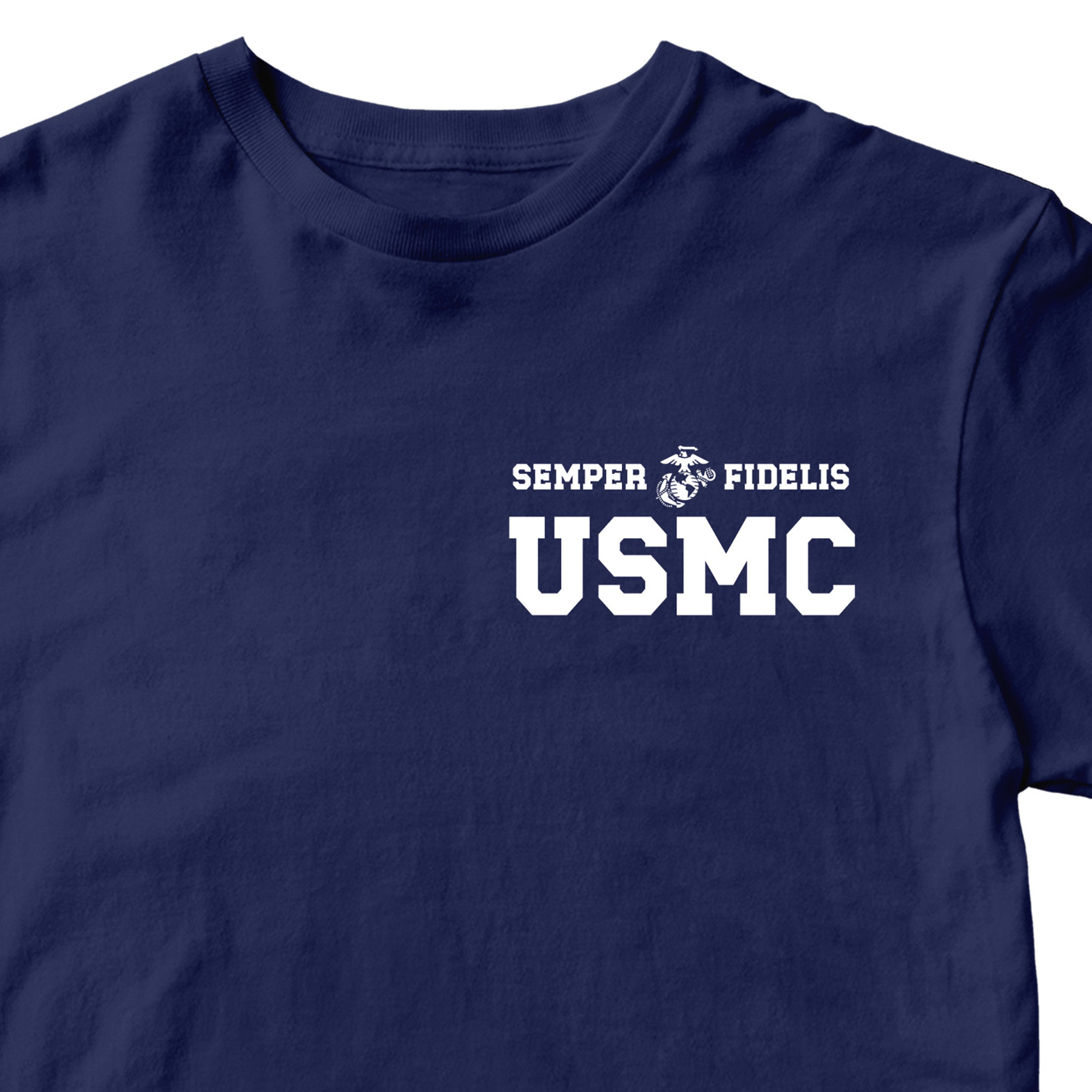 Navy USMC t-shirt with Semper Fidelis and Eagle Globe Anchor design