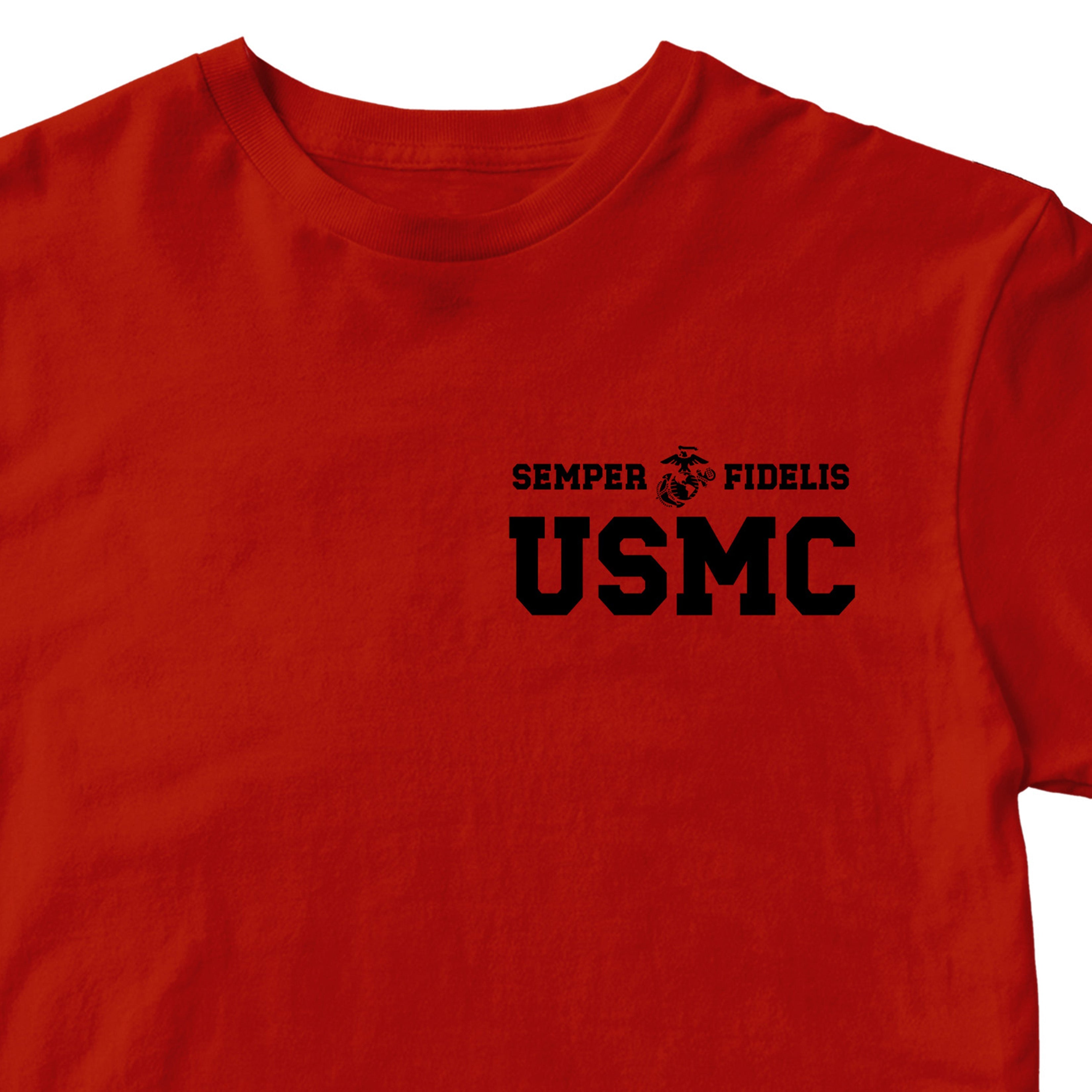 Red USMC t-shirt with Semper Fidelis and Eagle Globe Anchor design