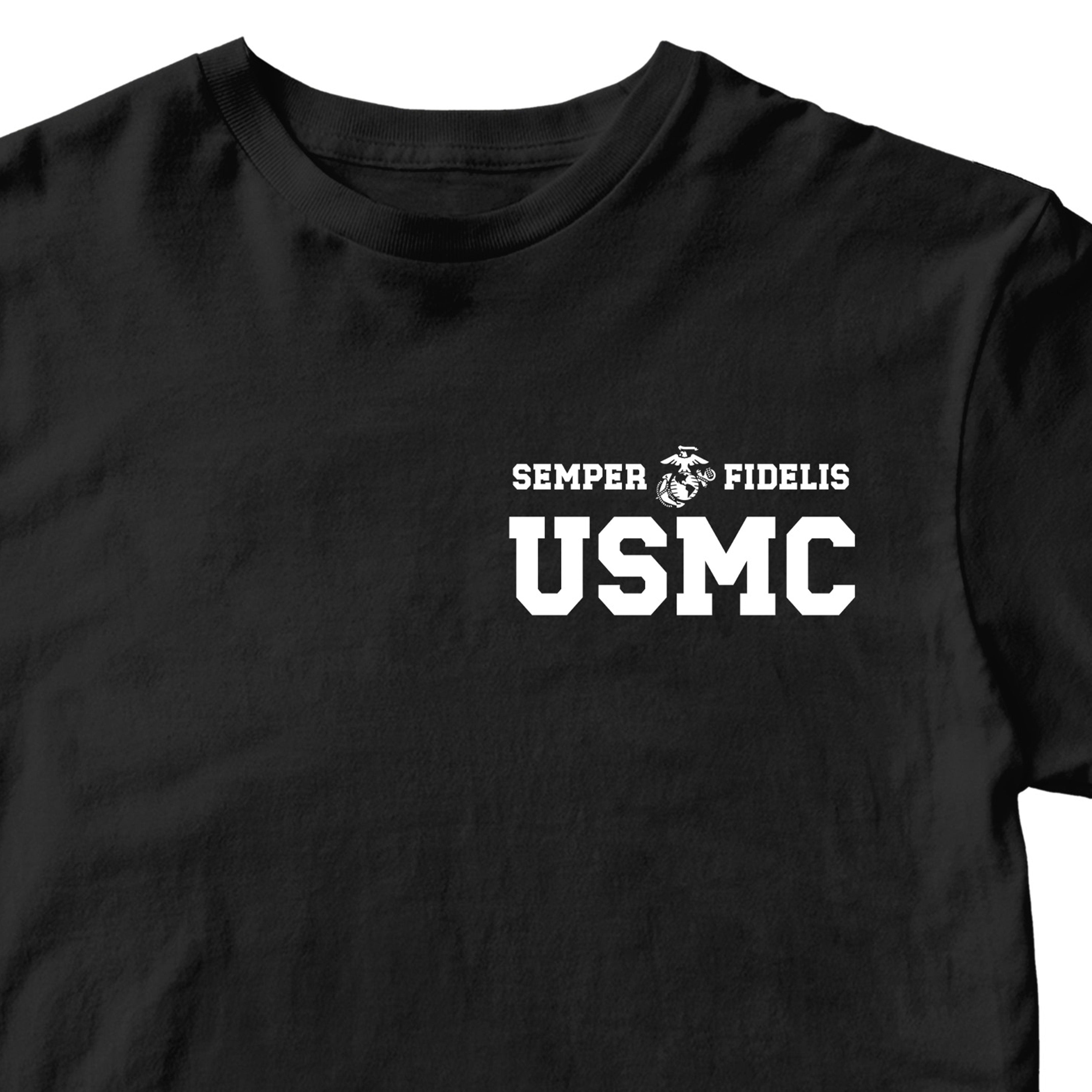 BLACK USMC t-shirt with Semper Fidelis and Eagle Globe Anchor design