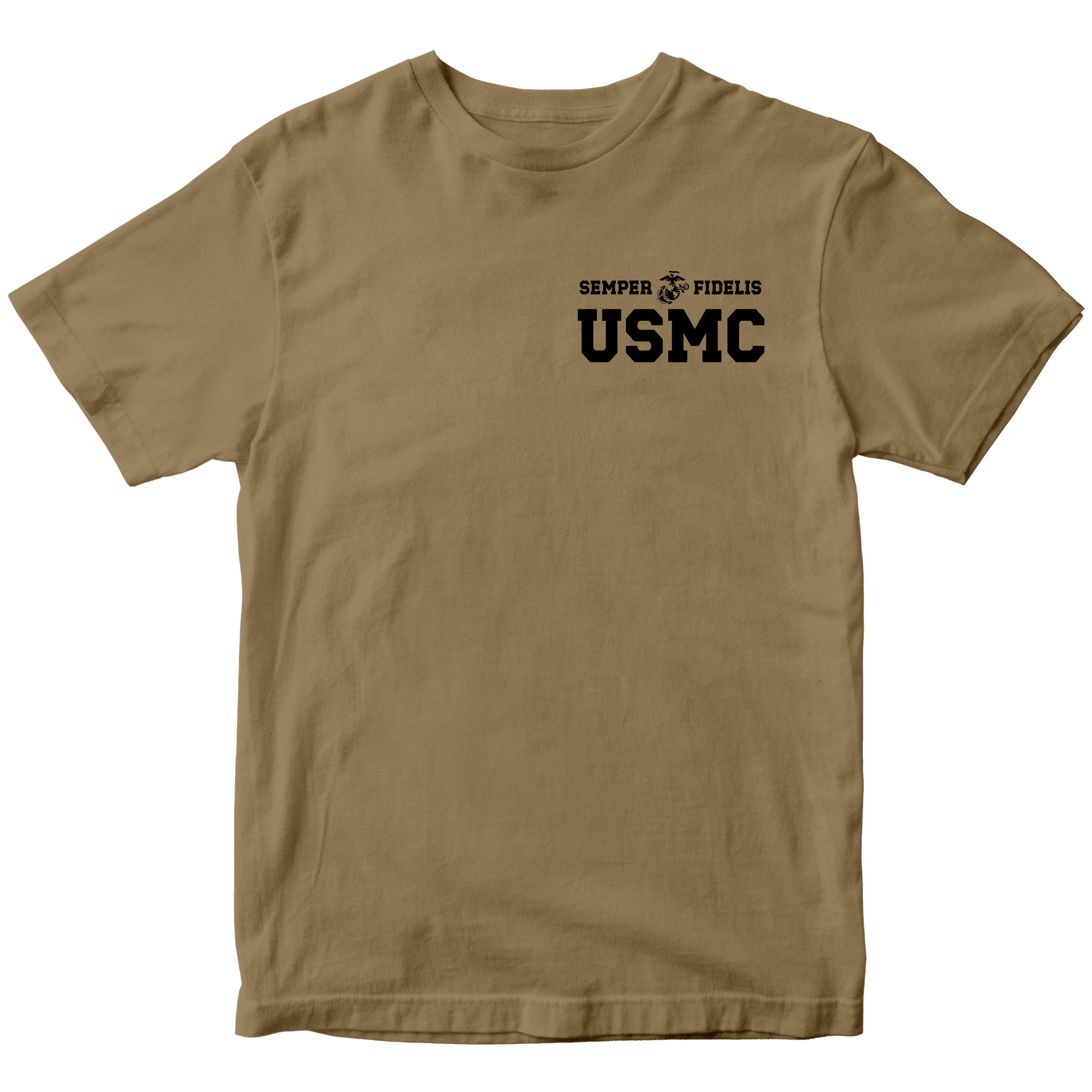 Brown USMC t-shirt with Semper Fidelis and Eagle Globe Anchor design