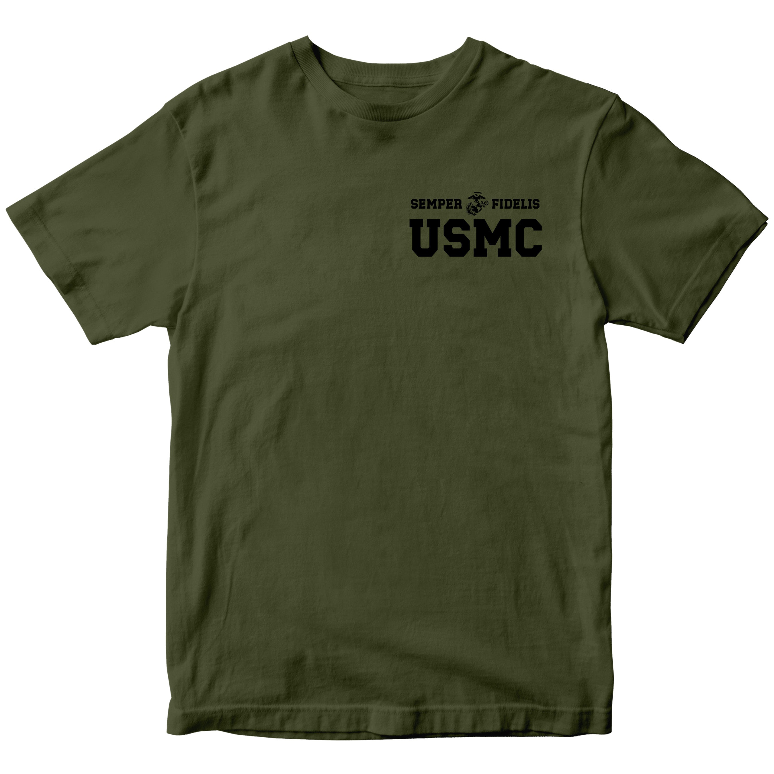 Green USMC t-shirt with Semper Fidelis and Eagle Globe Anchor design