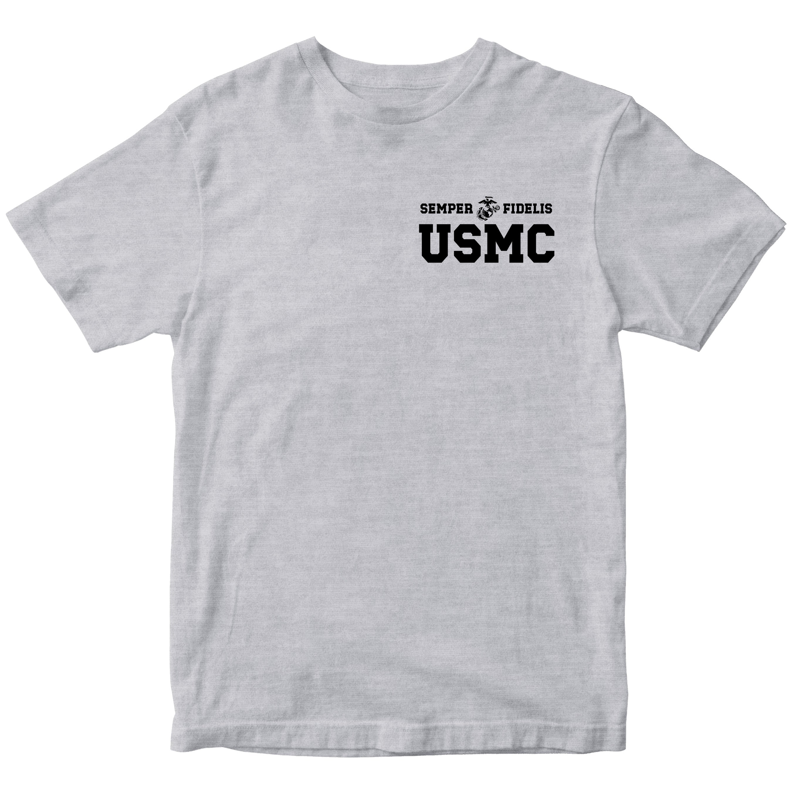 Grey USMC t-shirt with Semper Fidelis and Eagle Globe Anchor design