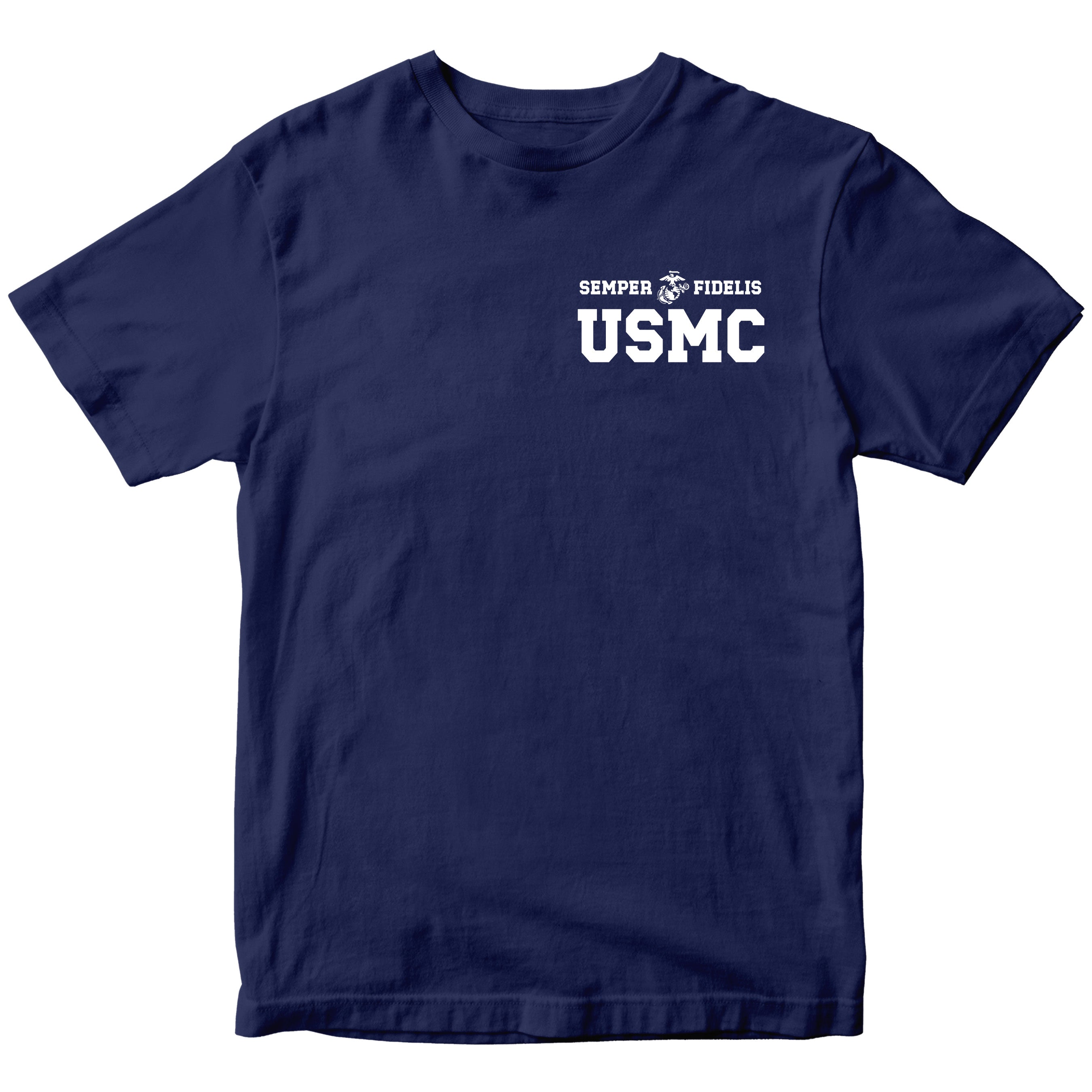 Navy USMC t-shirt with Semper Fidelis and Eagle Globe Anchor design