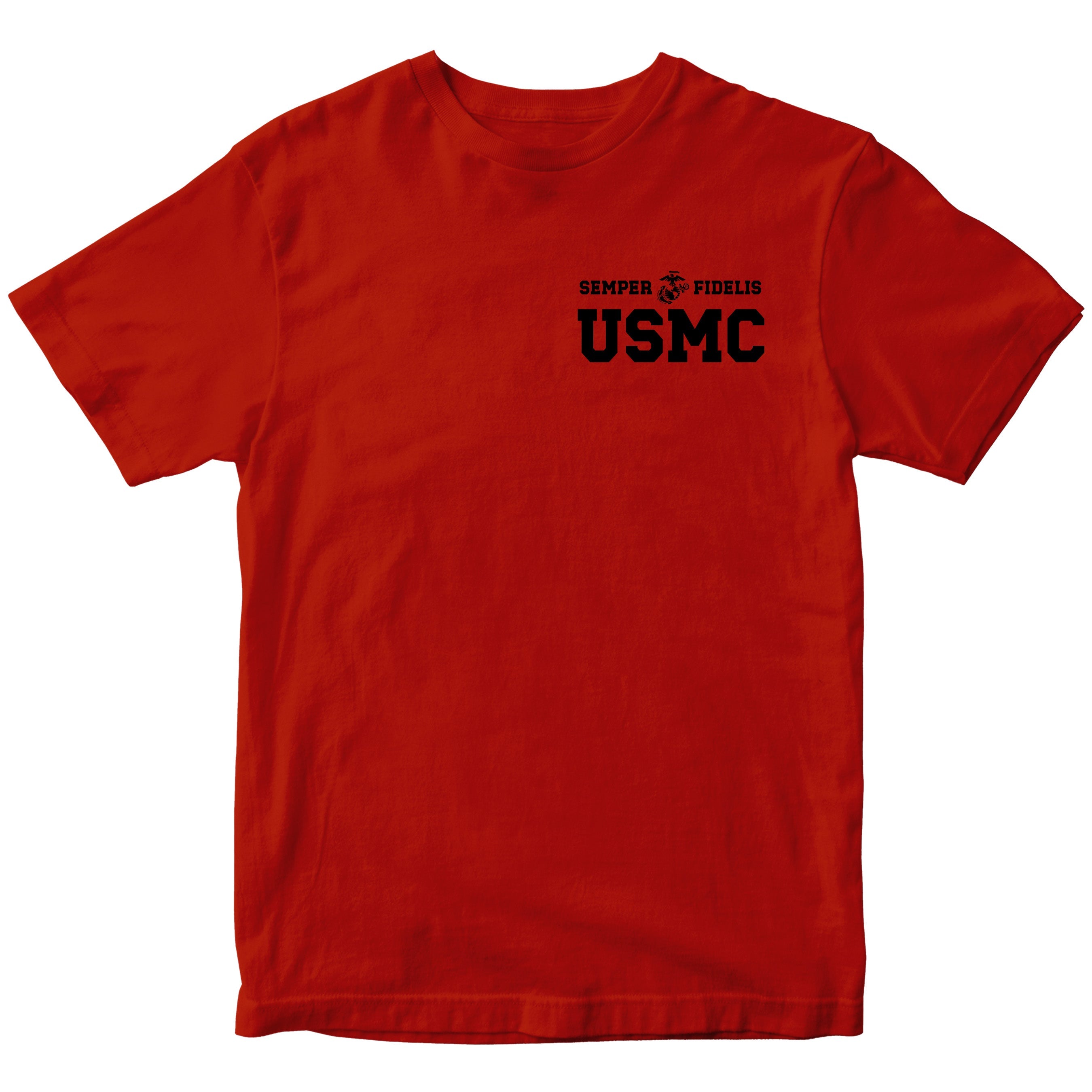 Red USMC t-shirt with Semper Fidelis and Eagle Globe Anchor design