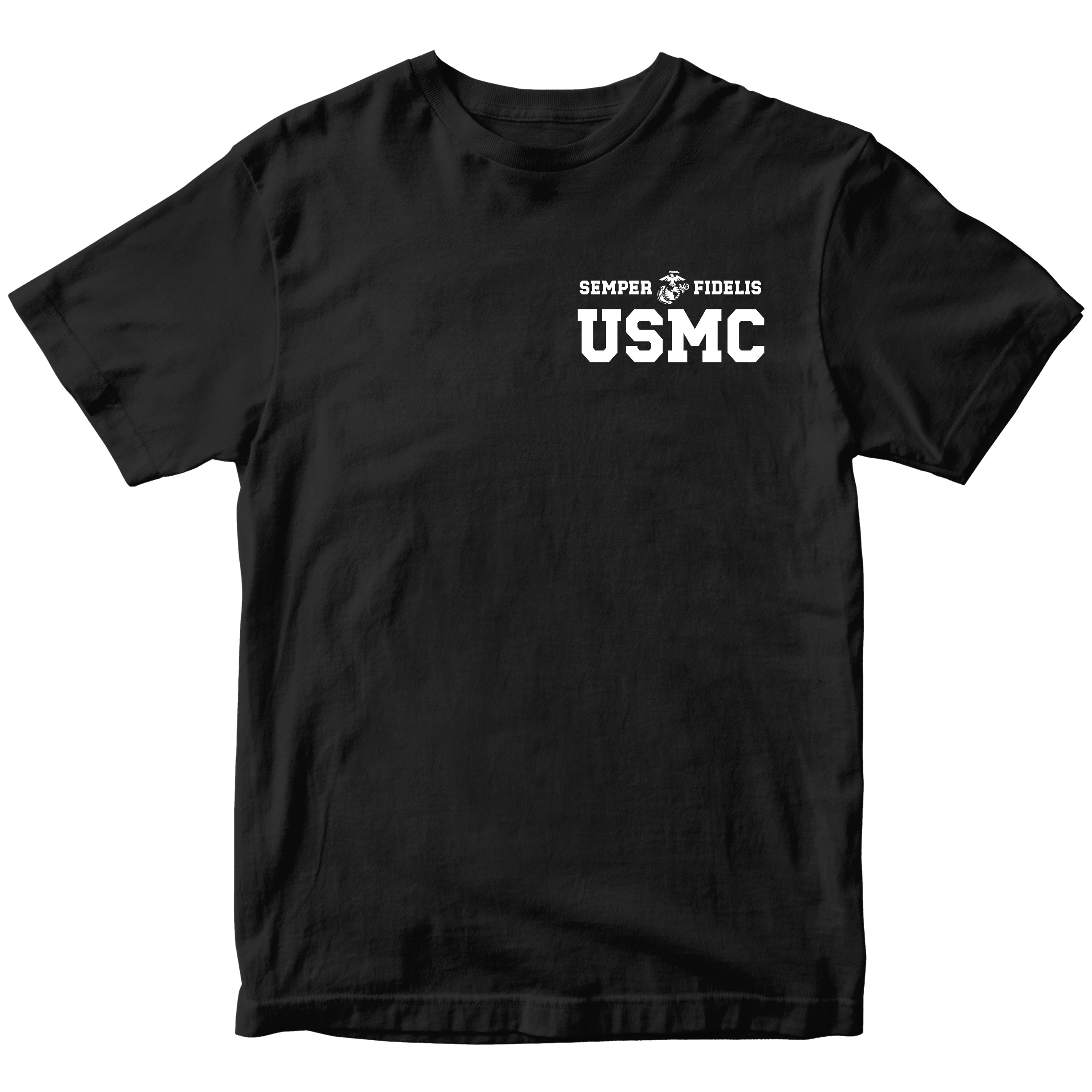 BLACK USMC t-shirt with Semper Fidelis and Eagle Globe Anchor design