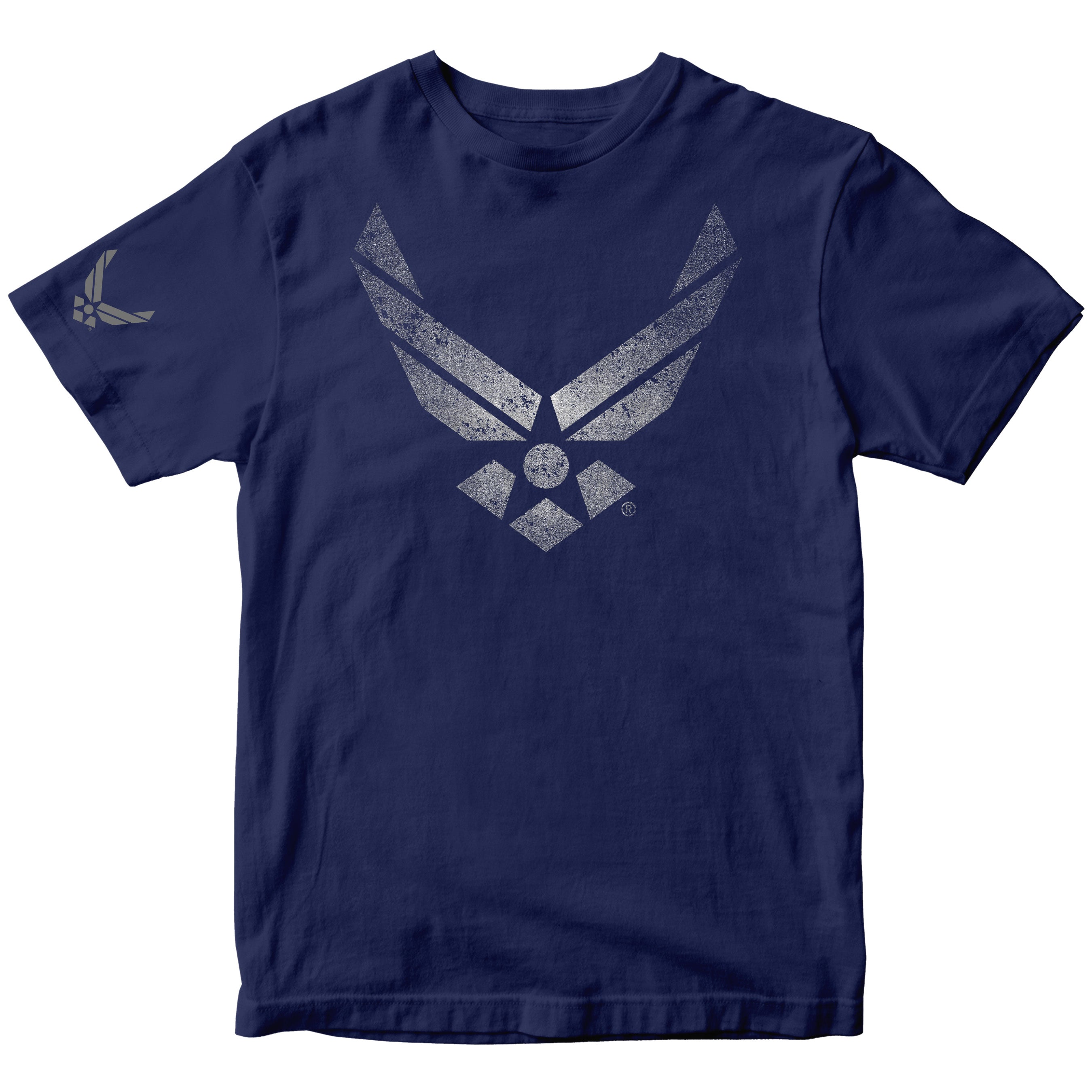 Navy Blue Air Force t-shirt battleworn wings distressed Air Force logo tee military apparel USAF shirt veteran gift. Vintage Air Force T-shirt. Silver Airforce t-shirt design.