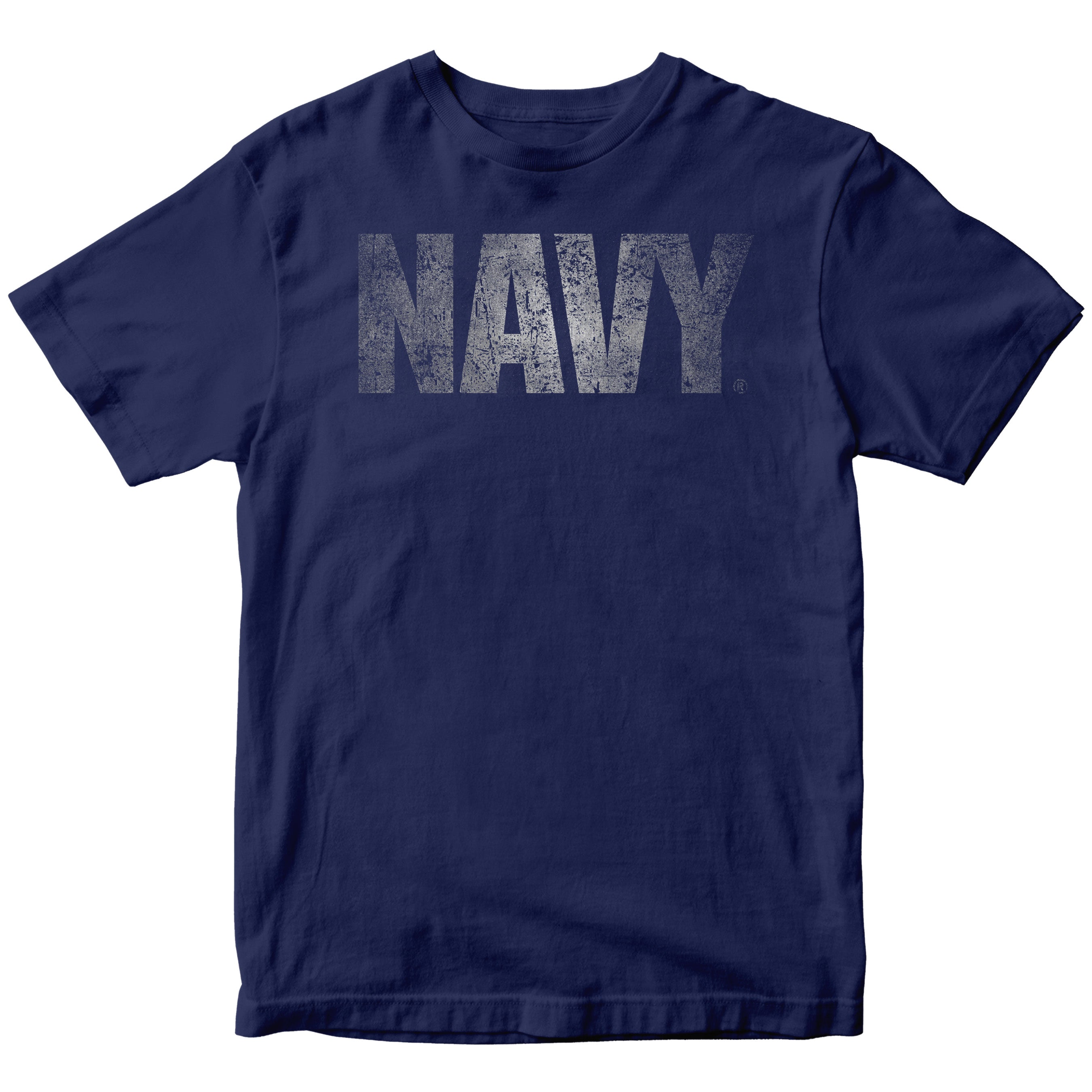 U.S. Navy t-shirt featuring bold distressed silver NAVY text on the chest
