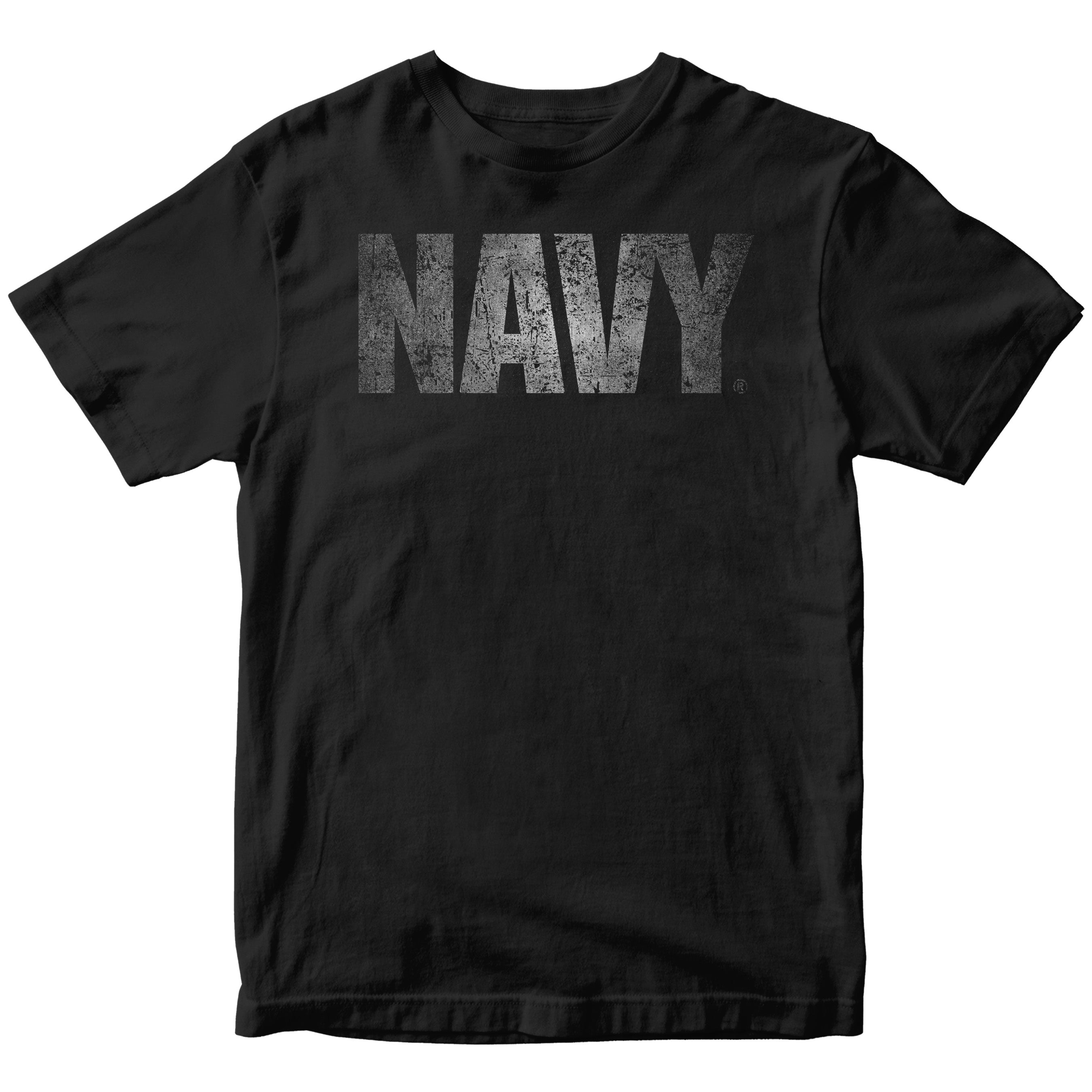 Black U.S. Navy t-shirt featuring bold distressed silver NAVY text on the chest