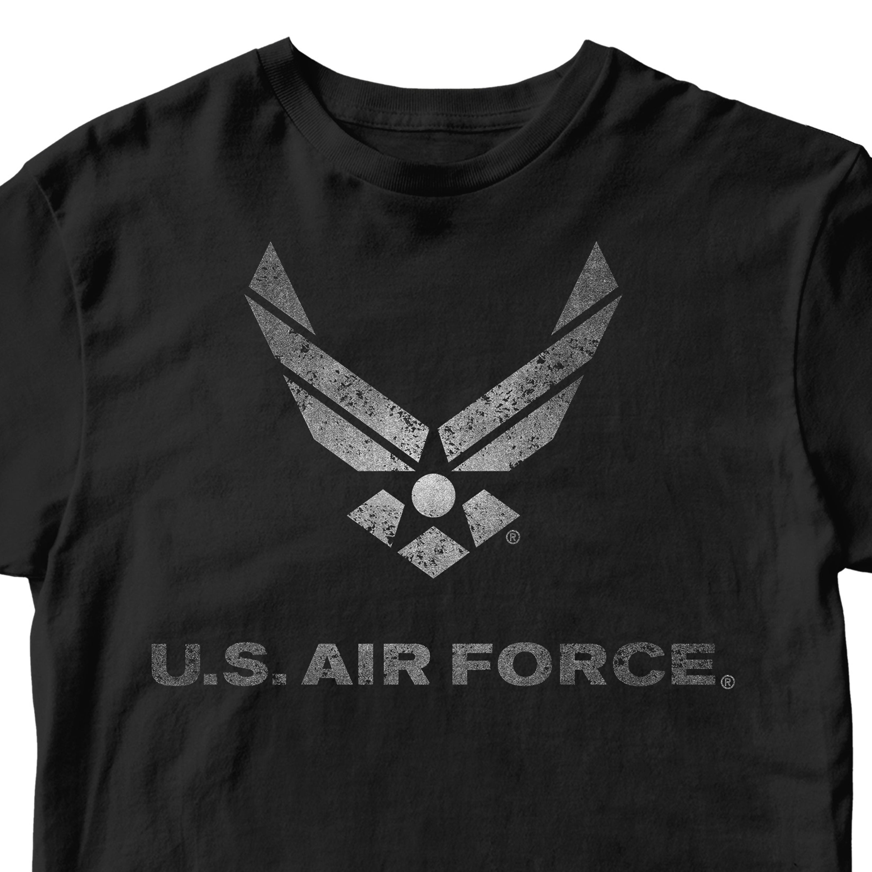 Black Air Force t shirt battleworn wings distressed Air Force logo tee military apparel USAF shirt veteran gift. Vintage Air Force T-shirt. Silver Airforce t-shirt design.