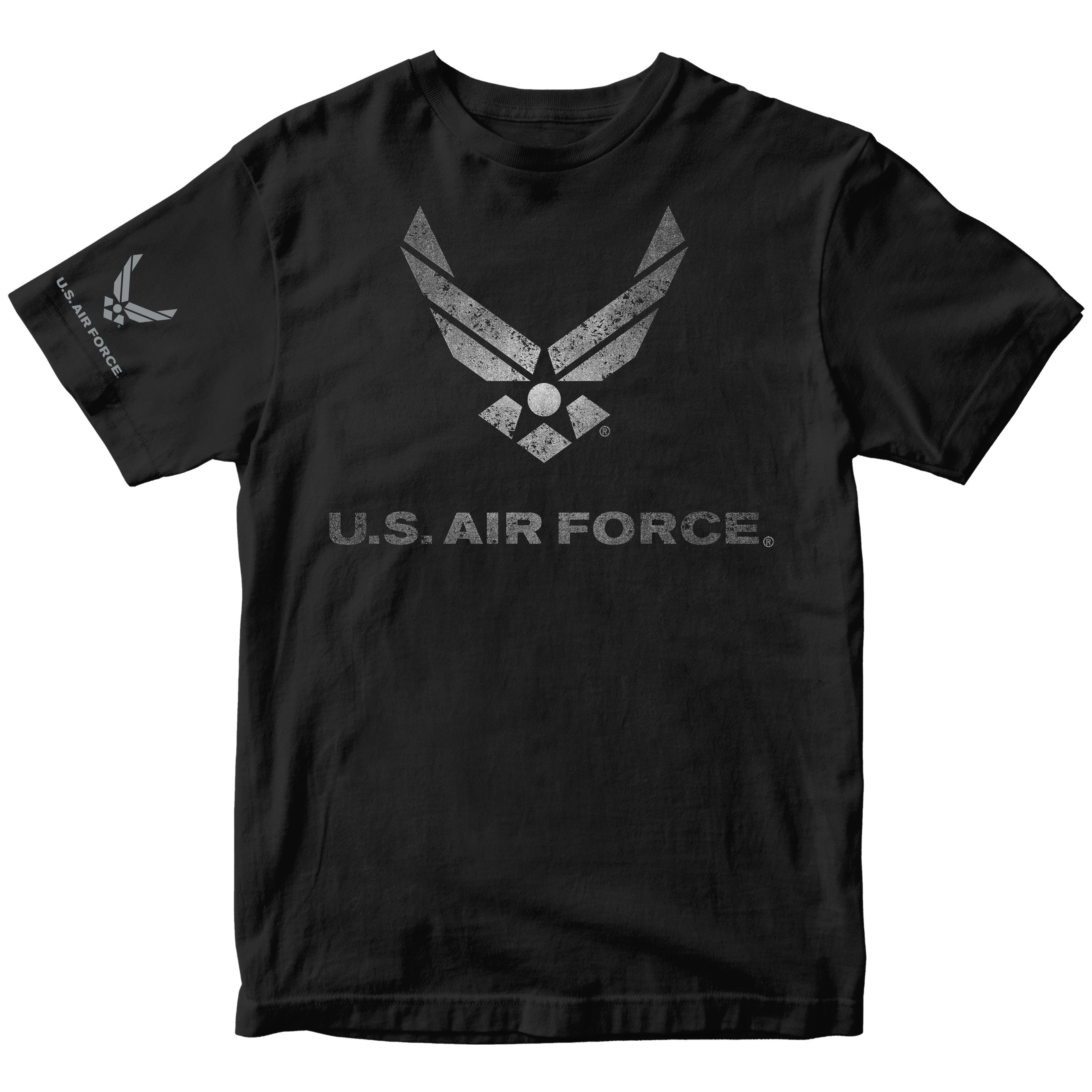 Black Air Force t shirt battleworn wings distressed Air Force logo tee military apparel USAF shirt veteran gift. Vintage Air Force T-shirt. Silver Airforce t-shirt design.