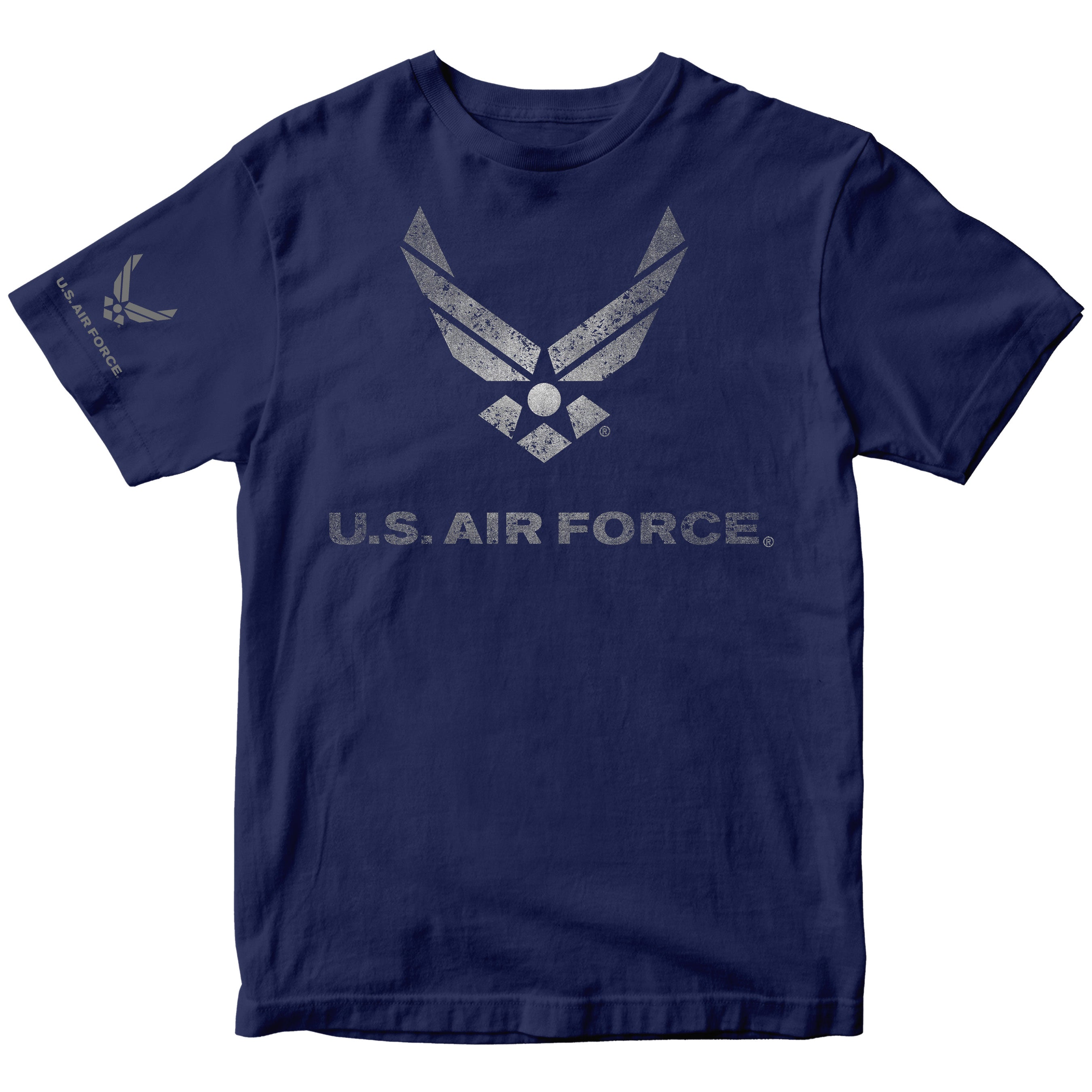 Navy Blue Air Force t shirt battleworn wings distressed Air Force logo tee military apparel USAF shirt veteran gift. Vintage Air Force T-shirt. Silver Airforce t-shirt design.