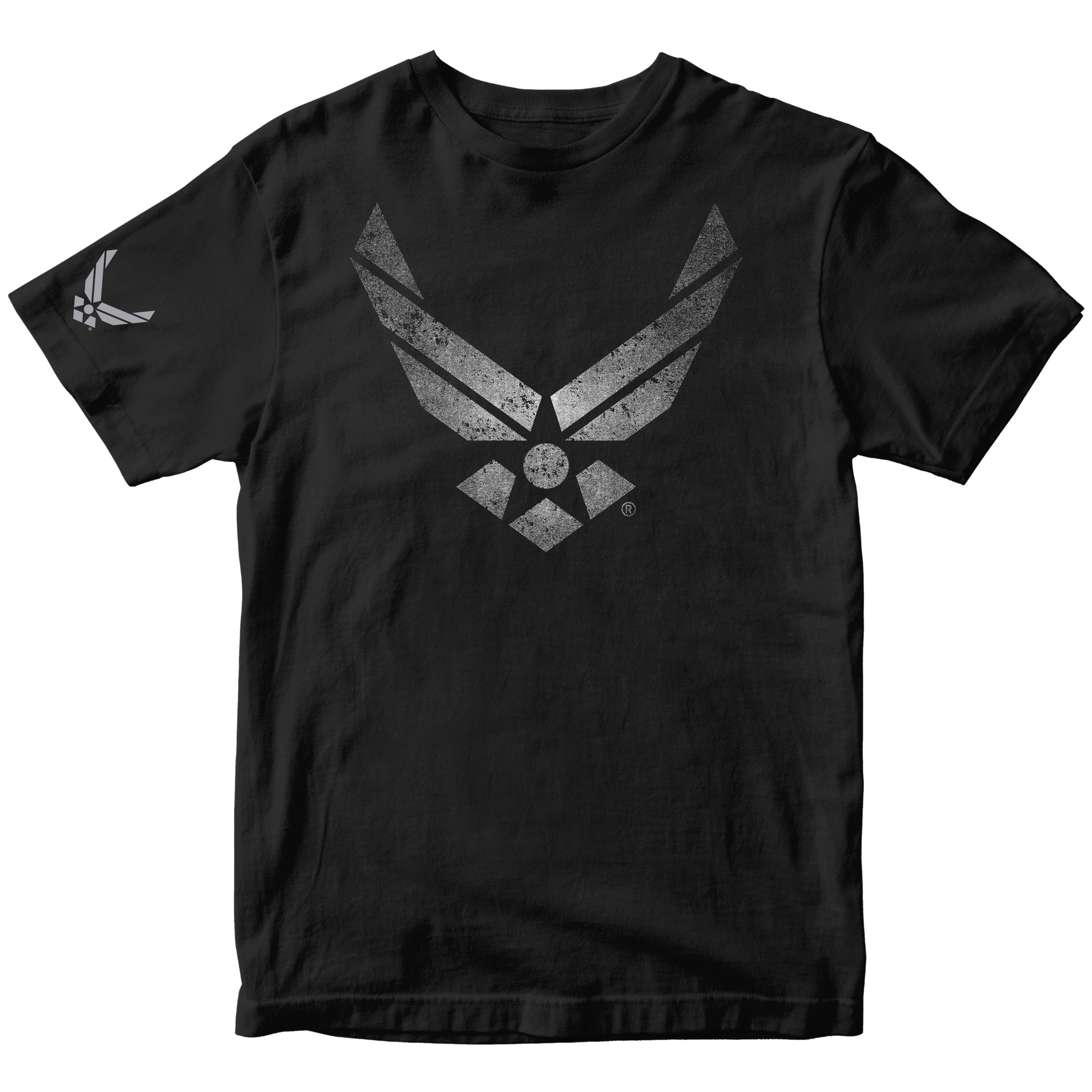 Black Air Force t shirt battleworn wings distressed Air Force logo tee military apparel USAF shirt veteran gift. Vintage Air Force T-shirt. Silver Airforce t-shirt design.
