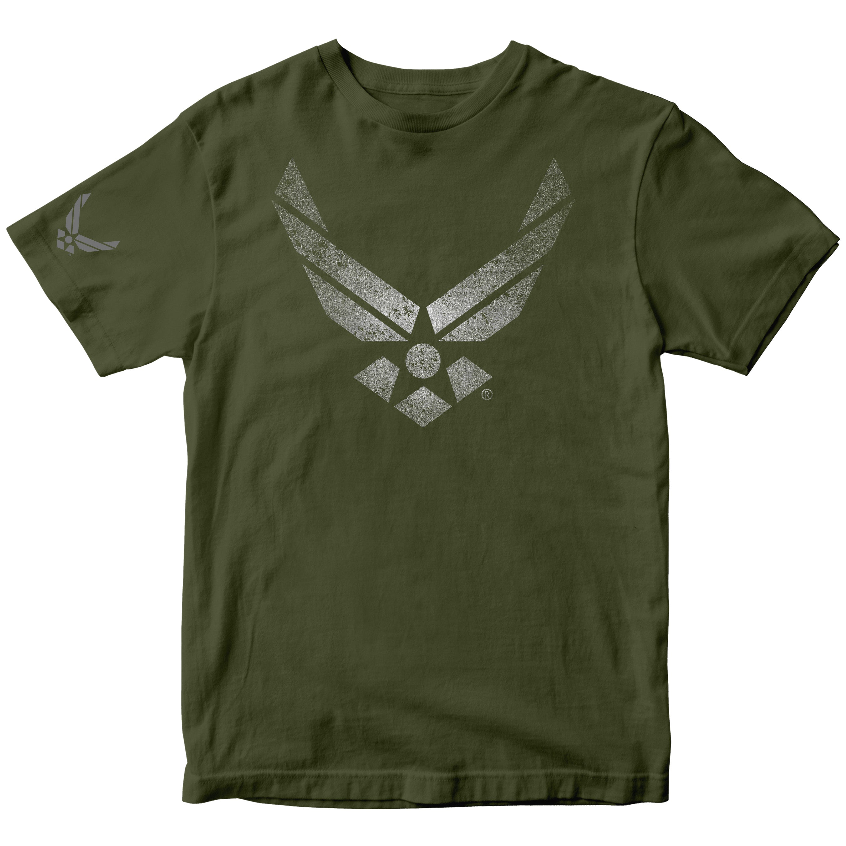 Green Air Force t-shirt battleworn wings distressed Air Force logo tee military apparel USAF shirt veteran gift. Vintage Air Force T-shirt. Silver Airforce t-shirt design.