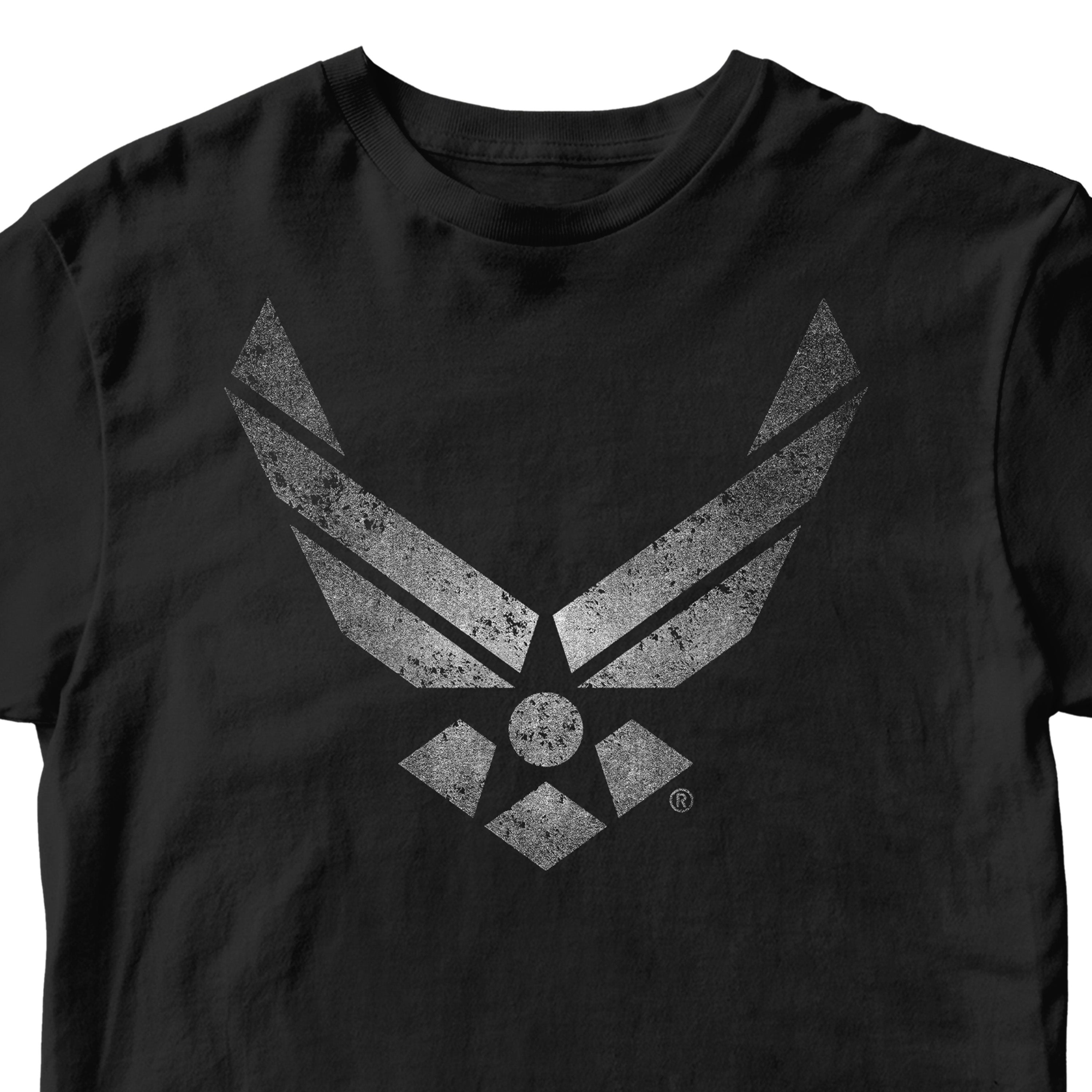 Black Air Force t shirt battleworn wings distressed Air Force logo tee military apparel USAF shirt veteran gift. Vintage Air Force T-shirt. Silver Airforce t-shirt design.
