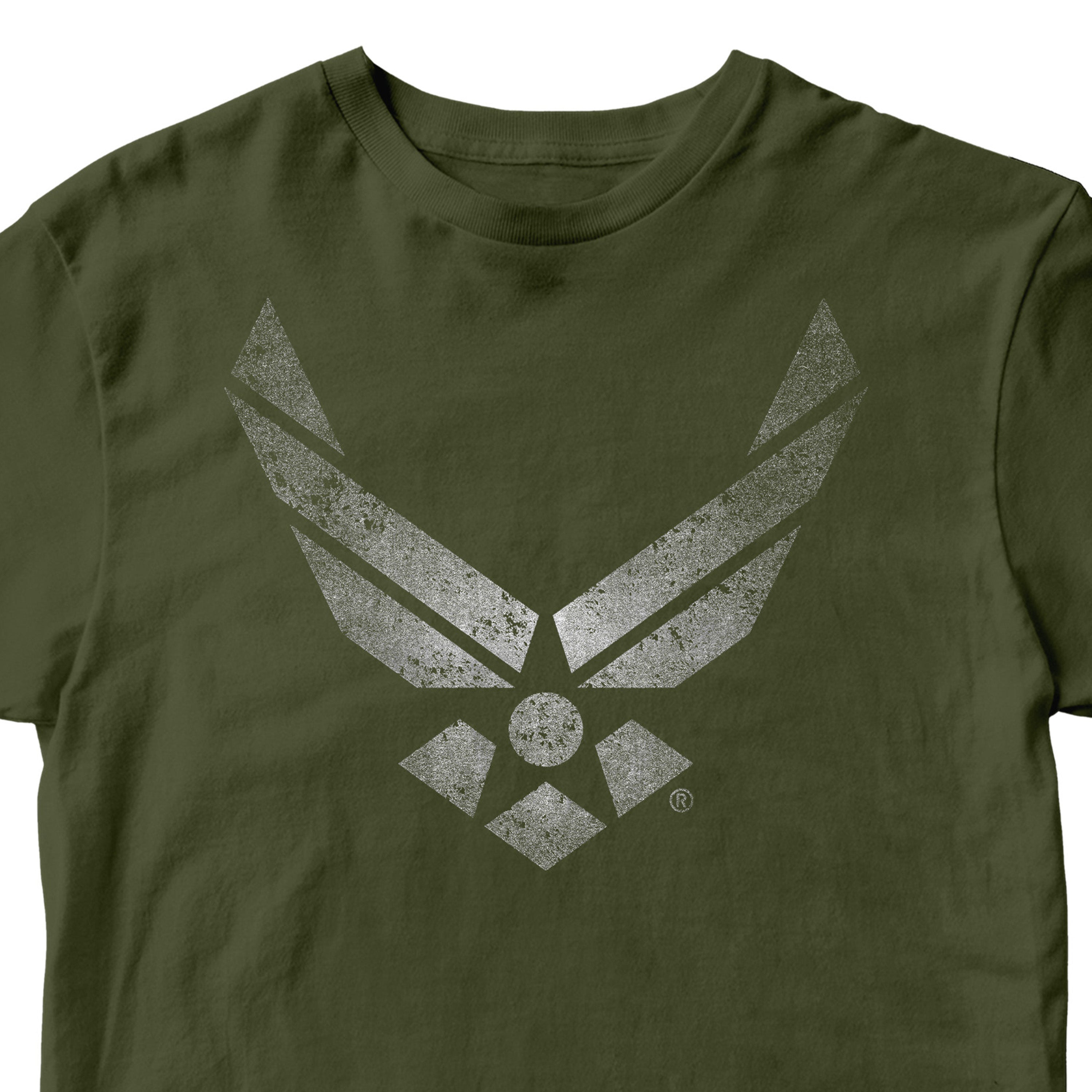 Green Air Force t-shirt battleworn wings distressed Air Force logo tee military apparel USAF shirt veteran gift. Vintage Air Force T-shirt. Silver Airforce t-shirt design.