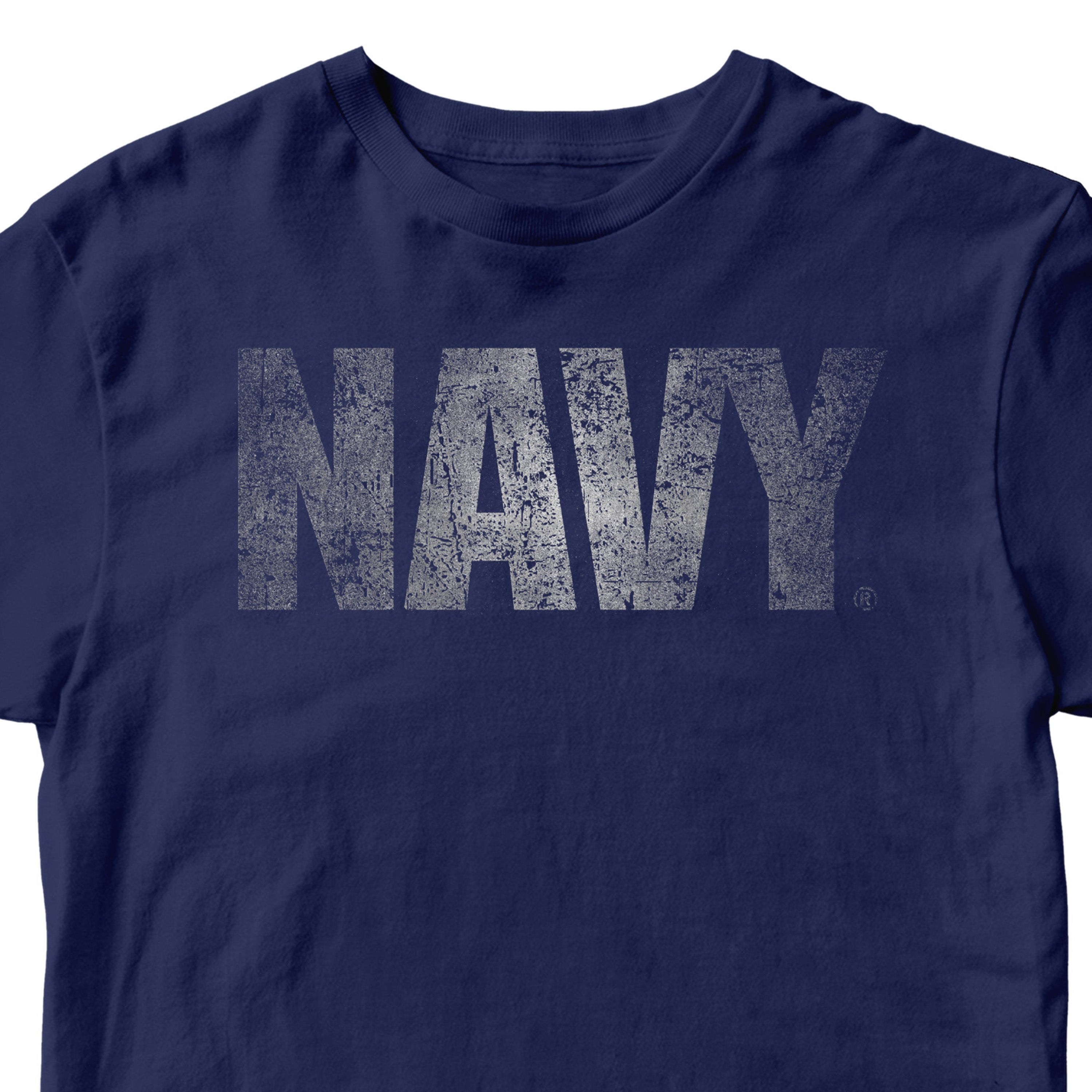 U.S. Navy t-shirt featuring bold distressed silver NAVY text on the chest