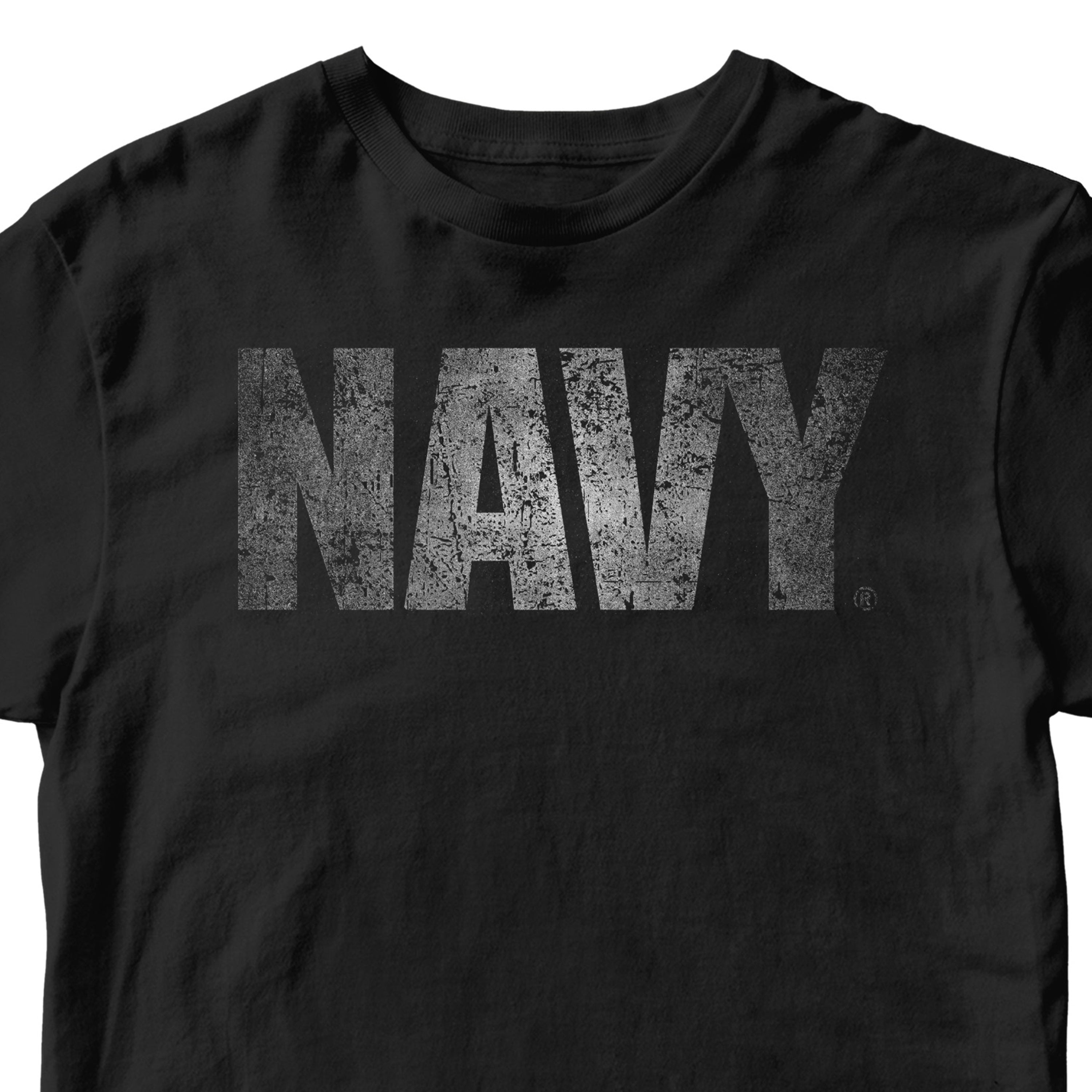 Black U.S. Navy t-shirt featuring bold distressed silver NAVY text on the chest