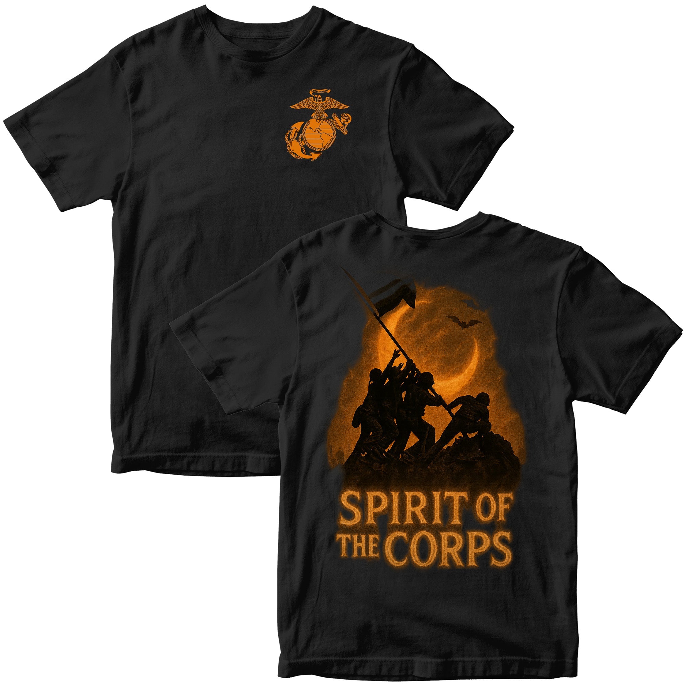 Black USMC t-shirt featuring orange EGA on front chest and large Iwo Jima flag raising silhouette with crescent moon and “SPIRIT OF THE CORPS” text on back. Marines Halloween T-shirt. USMC Halloween Tee