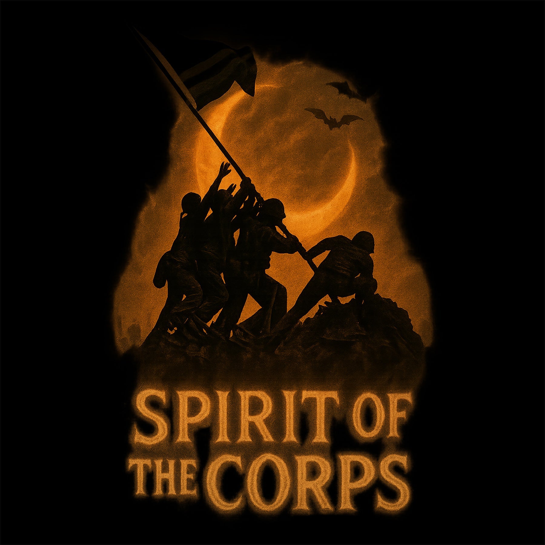 Black USMC t-shirt featuring Iwo Jima flag raising silhouette with crescent moon and “SPIRIT OF THE CORPS” text on back. Marines Halloween T-shirt. USMC Halloween Tee