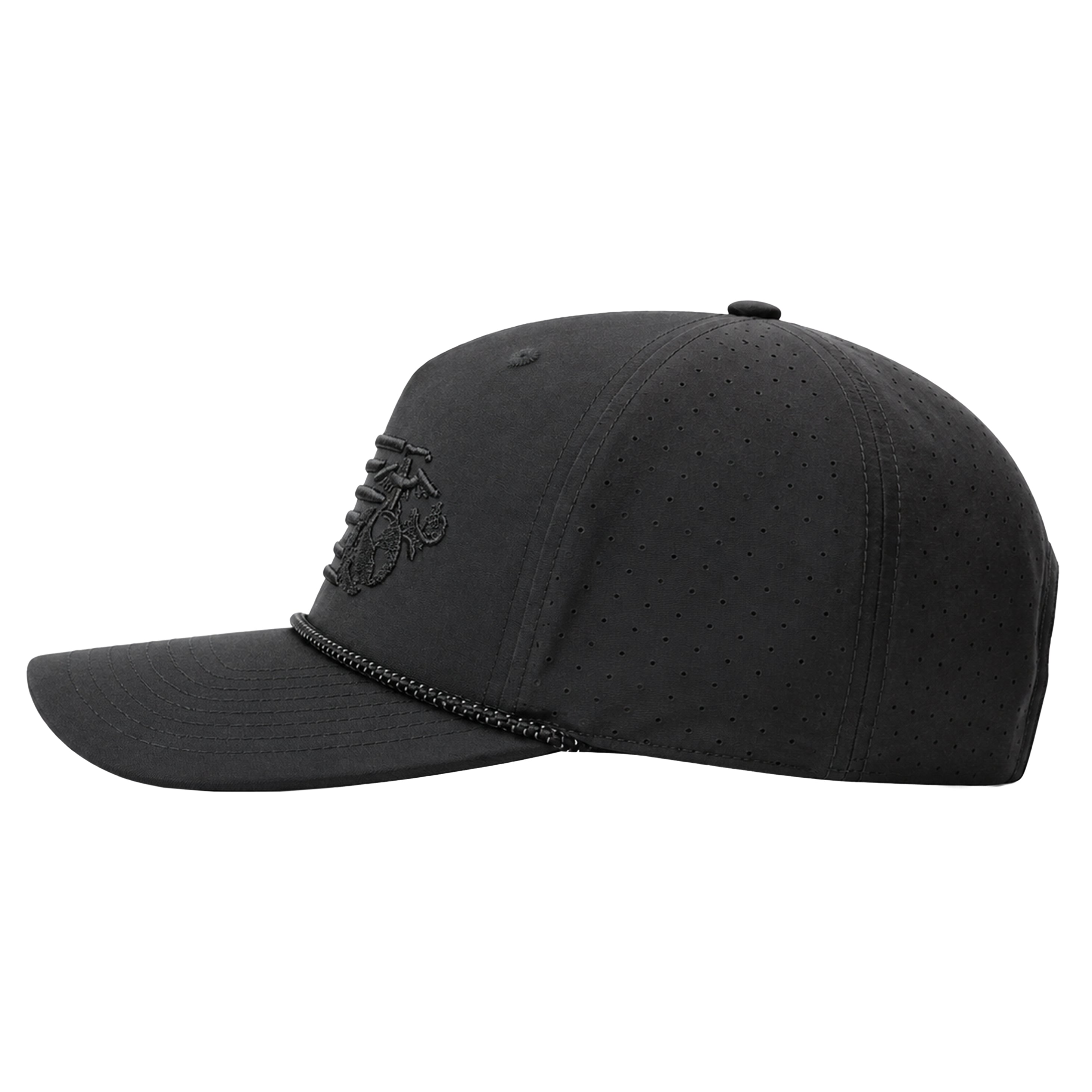 Black USMC laser perforated performance rope cap with black-on-black embroidered split American flag and Eagle, Globe, and Anchor design on the front. Marine Corps Cover. USMC black hat