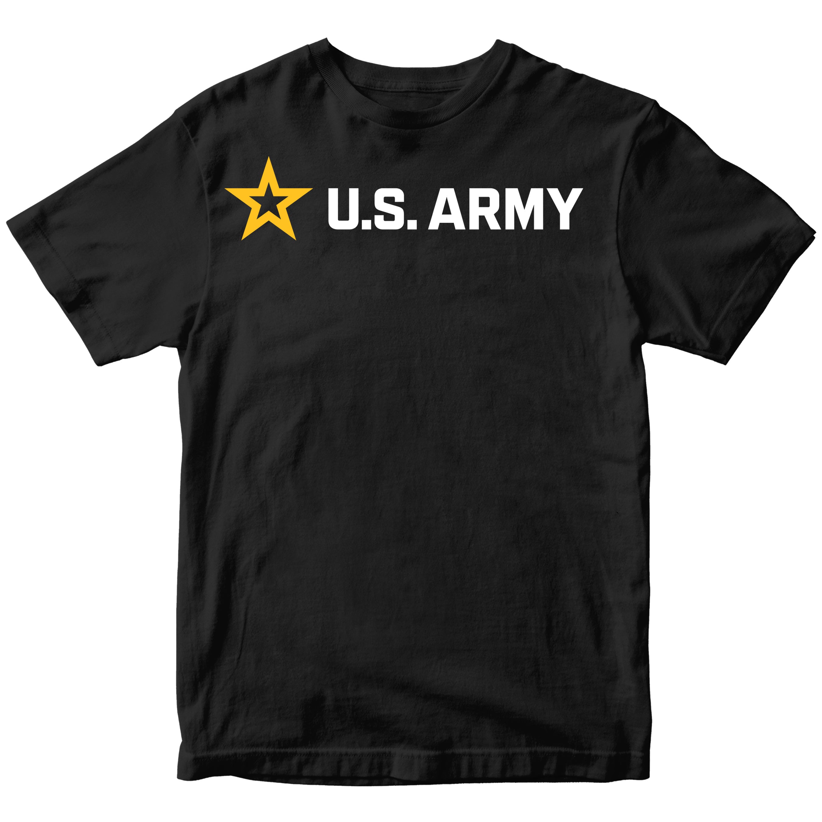 Black ARMY t-shirt with U.S. Army logo featuring a yellow star and 'U.S. Army' logo across the chest