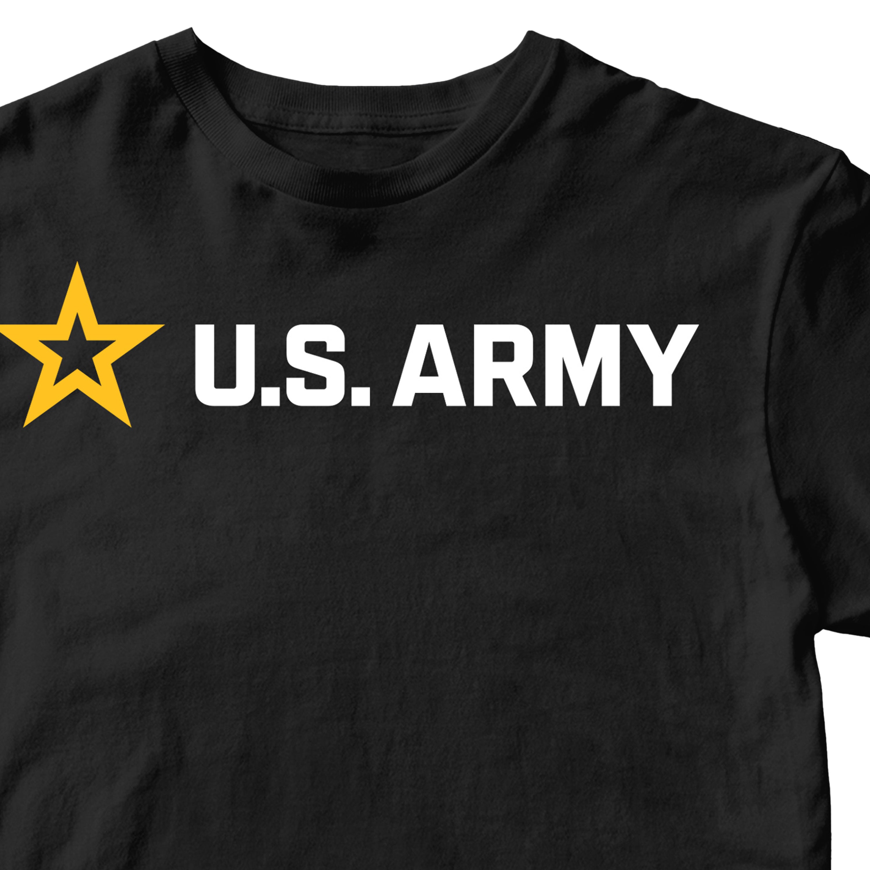 Black ARMY t-shirt with U.S. Army logo featuring a yellow star and 'U.S. Army' logo across the chest