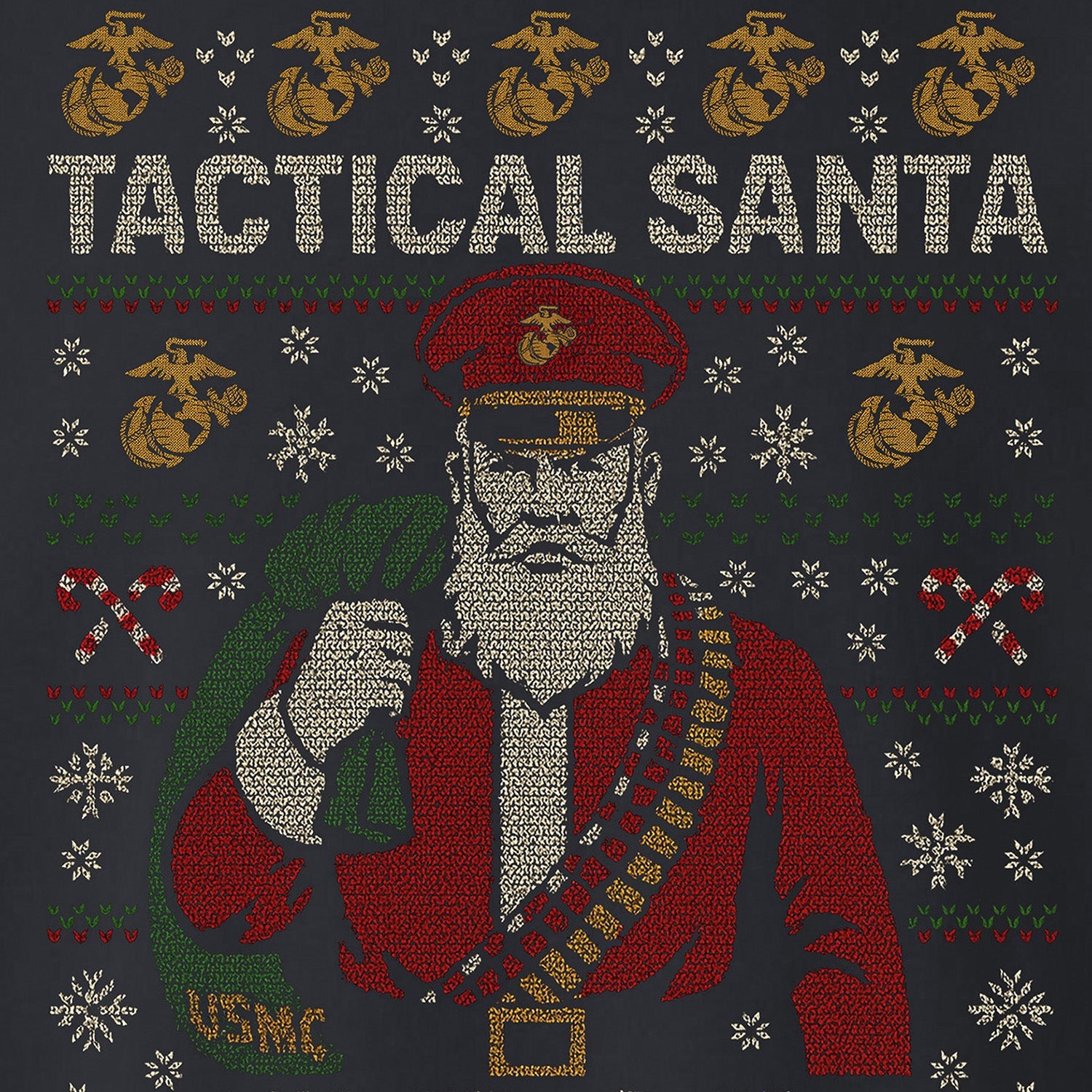 Black USMC Christmas sweatshirt featuring stitched-style Tactical Santa in red uniform with ammo belt, USMC seabag, snowflakes, candy cane patterns, and bold text ‘Tactical Santa Drop.’ Marines Christmas Sweatshirt