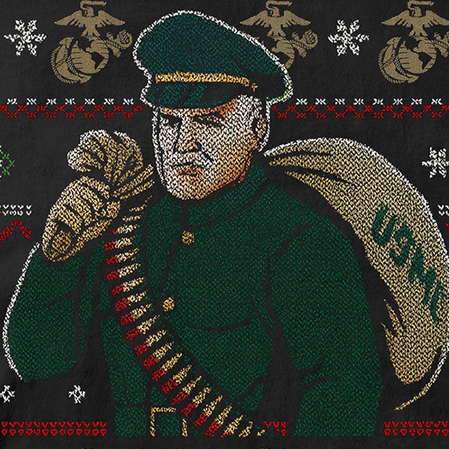 Black USMC Christmas T-shirt featuring a knitted-style Tactical Santa carrying a USMC seabag with ammo belt, surrounded by snowflakes, EGAs, and bold text ‘Tactical Santa Drop.’” Marines Christmas Tee