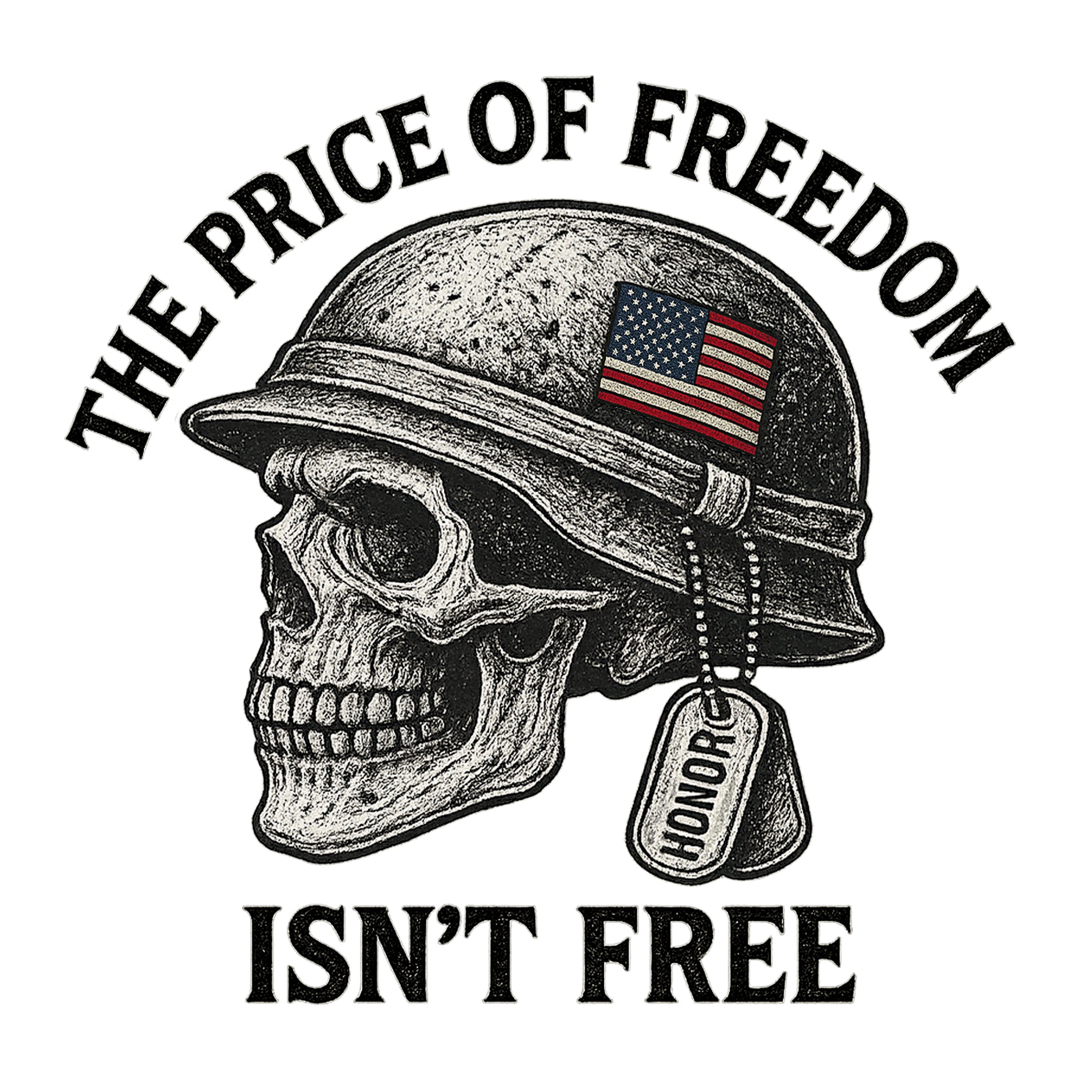 Patriotic skull in combat helmet and bold freedom quote, "Price of Freedom Isn’t Free."