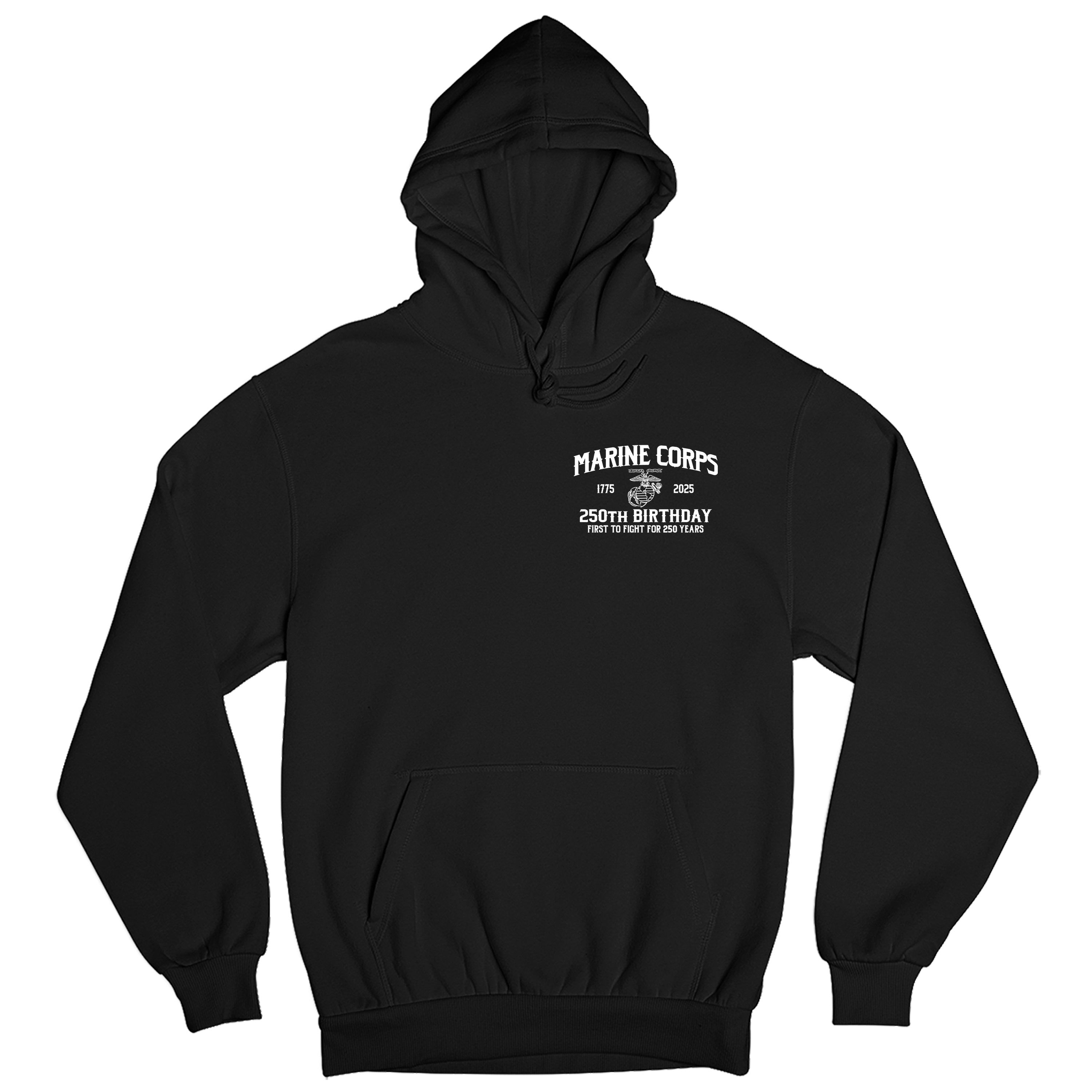 USMC 250th Birthday hoodie featuring front chest print with 'Marine Corps 1775–2025 250th Birthday'