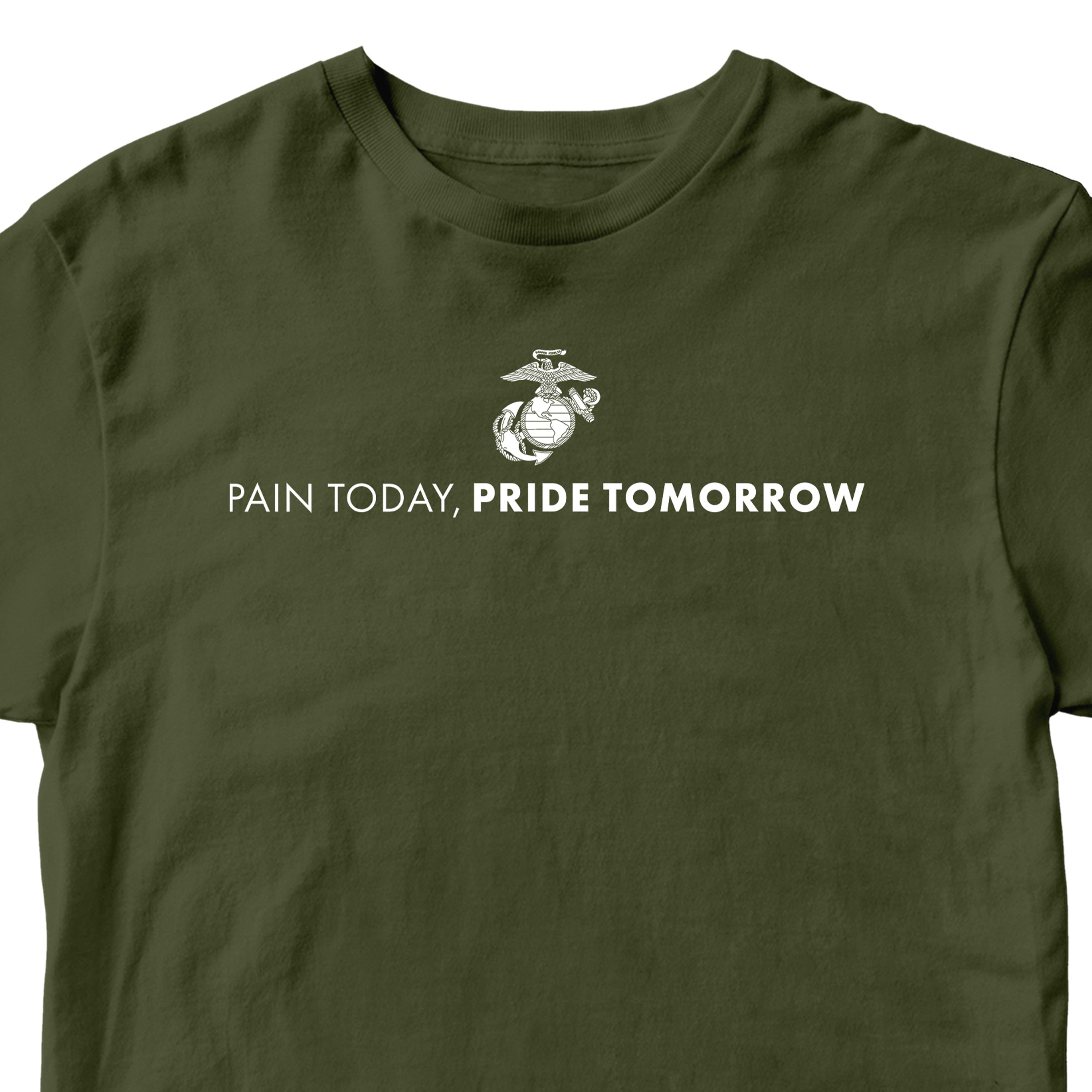 Green USMC motivational t-shirt with Eagle, Globe, and Anchor emblem and white text reading 'Pain Today, Pride Tomorrow' – Marine Corps workout and training shirt.