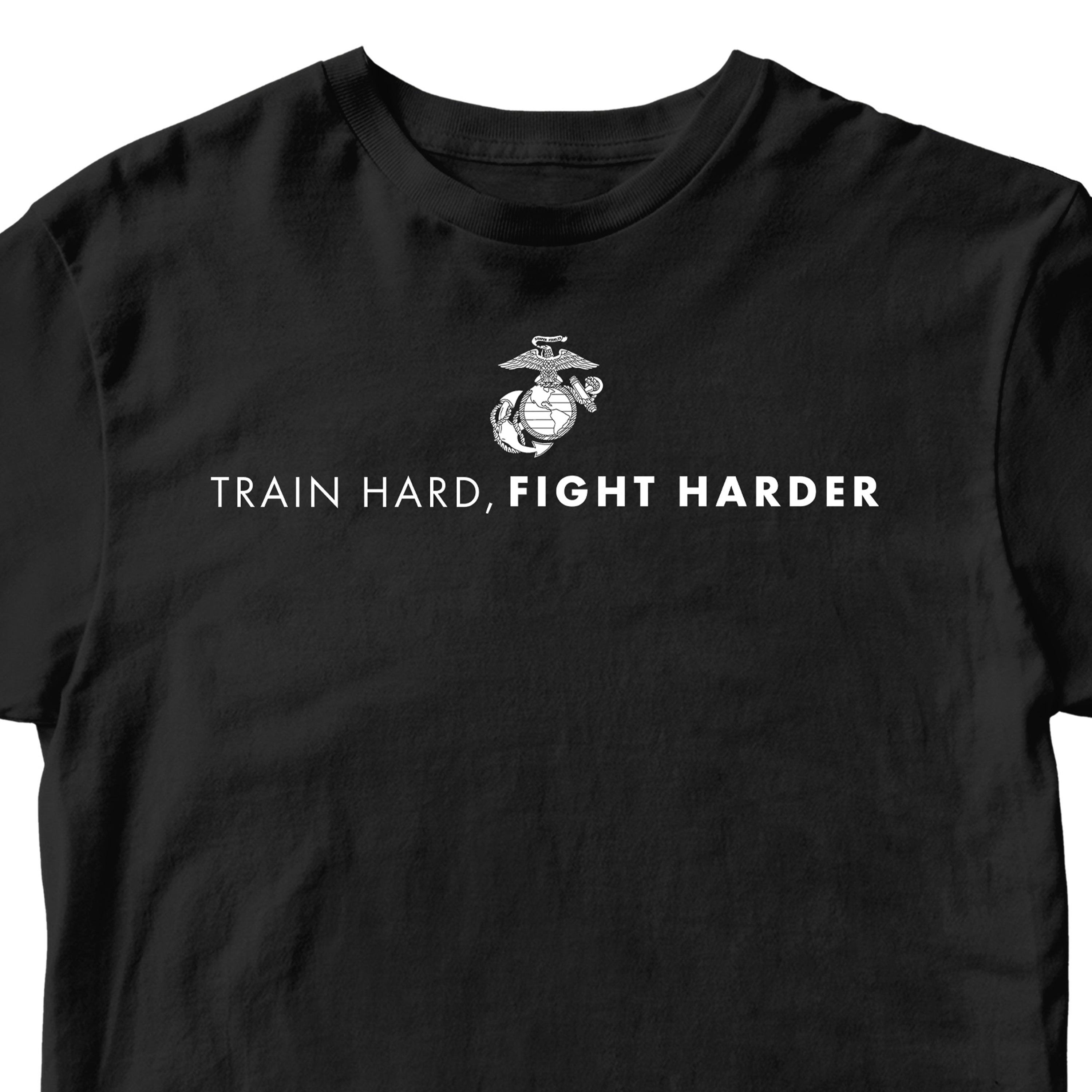 Black USMC t-shirt with white Eagle, Globe, and Anchor emblem and bold military quote 'Train Hard, Fight Harder' on chest, Marine Corps motivational workout shirt.