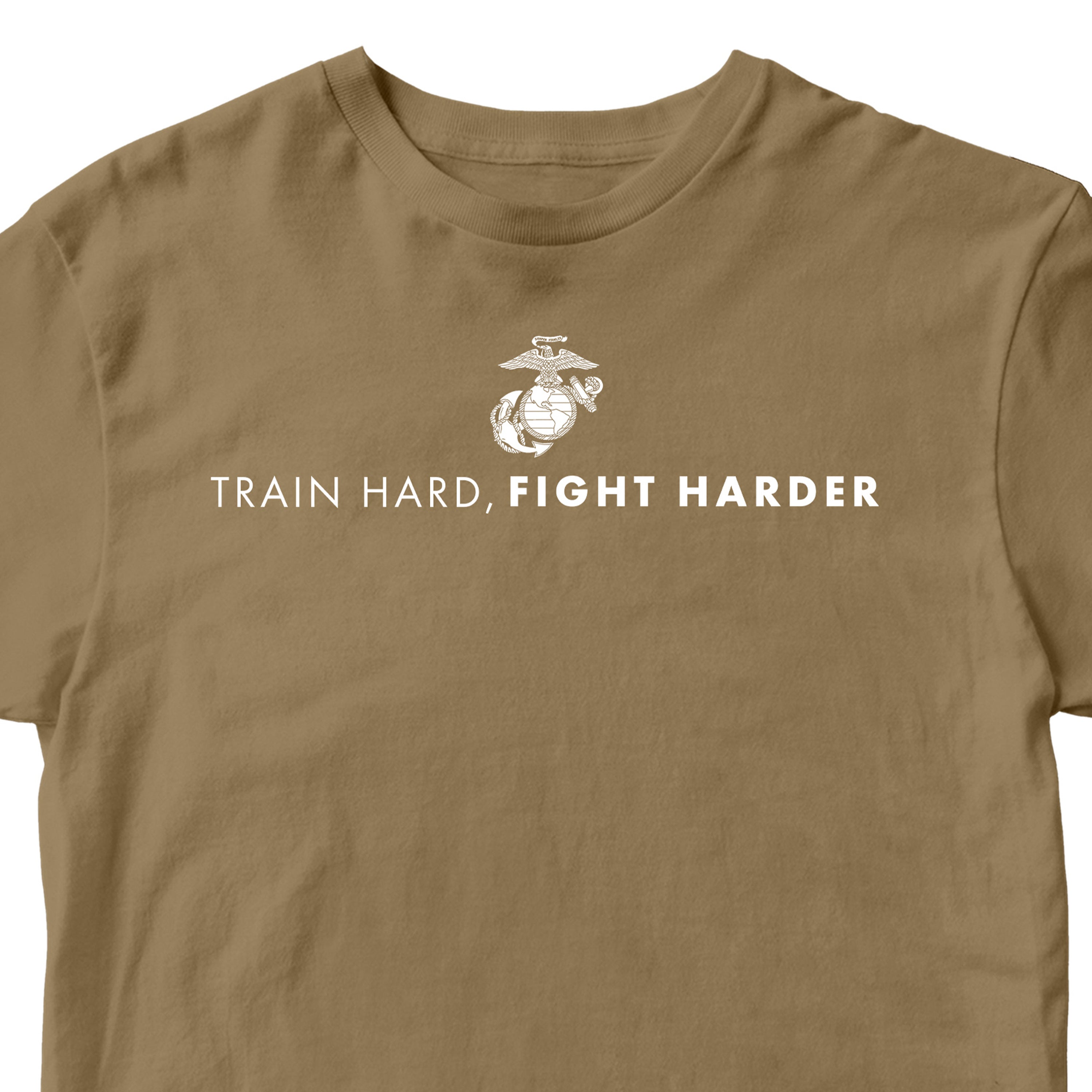 Brown USMC t-shirt with white Eagle, Globe, and Anchor emblem and bold military quote 'Train Hard, Fight Harder' on chest, Marine Corps motivational workout shirt.