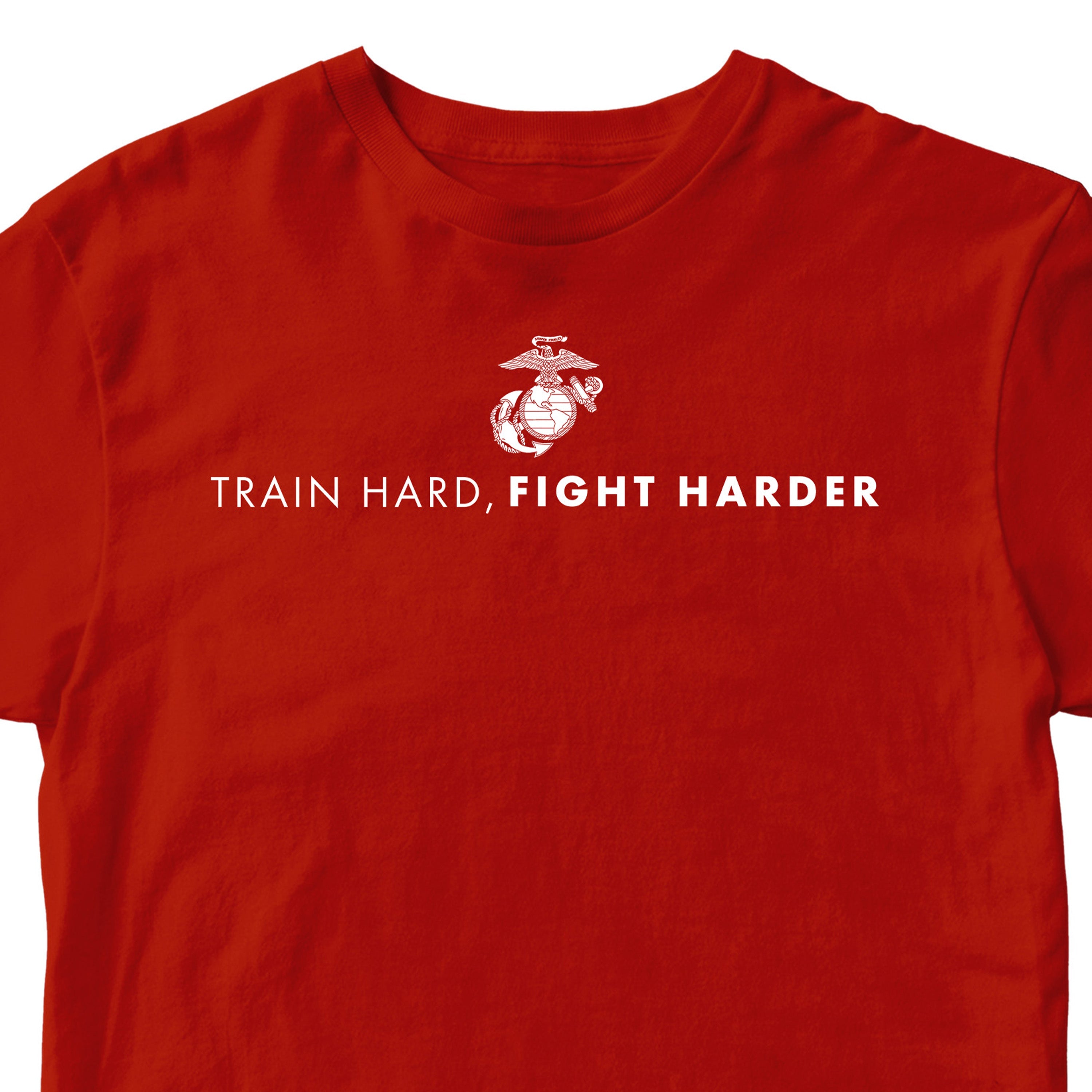 Red USMC t-shirt with white Eagle, Globe, and Anchor emblem and bold military quote 'Train Hard, Fight Harder' on chest, Marine Corps motivational workout shirt.