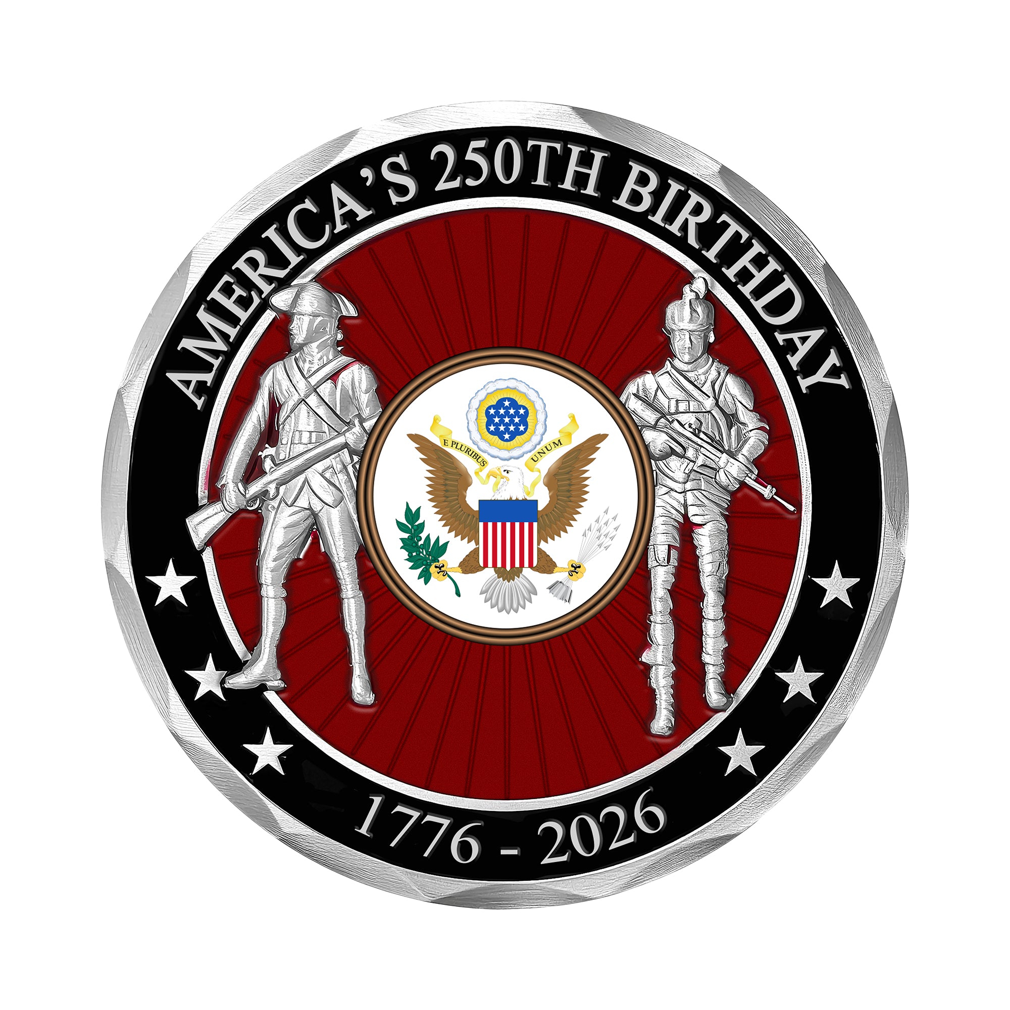 Coin celebrating America's 250th birthday with soldiers and national emblem on a red and black background.