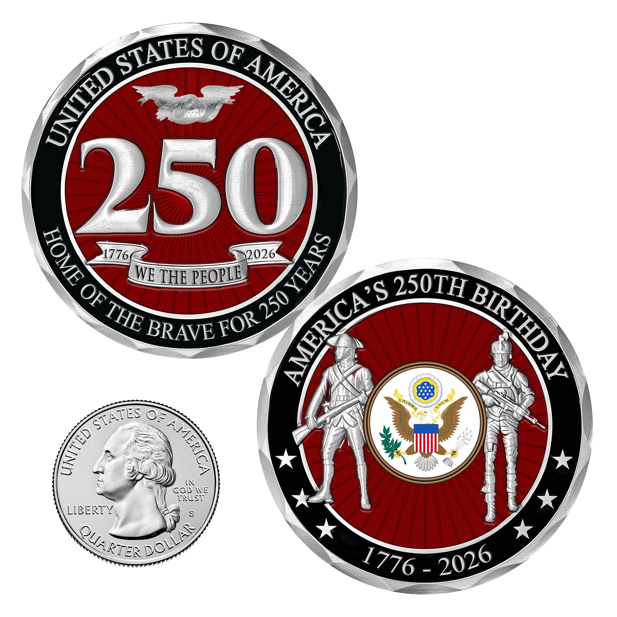 Two commemorative coins celebrating America's 250th birthday with red, white, and black design.