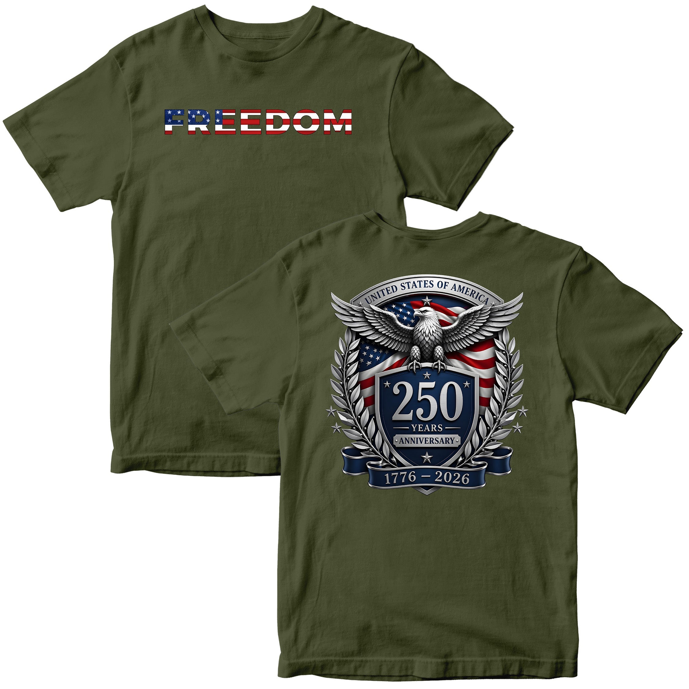 USA 250 years anniversary T-shirt with freedom eagle design and American flag back print. America's 250th birthday tee. USA 250 Years patriotic T-shirt.