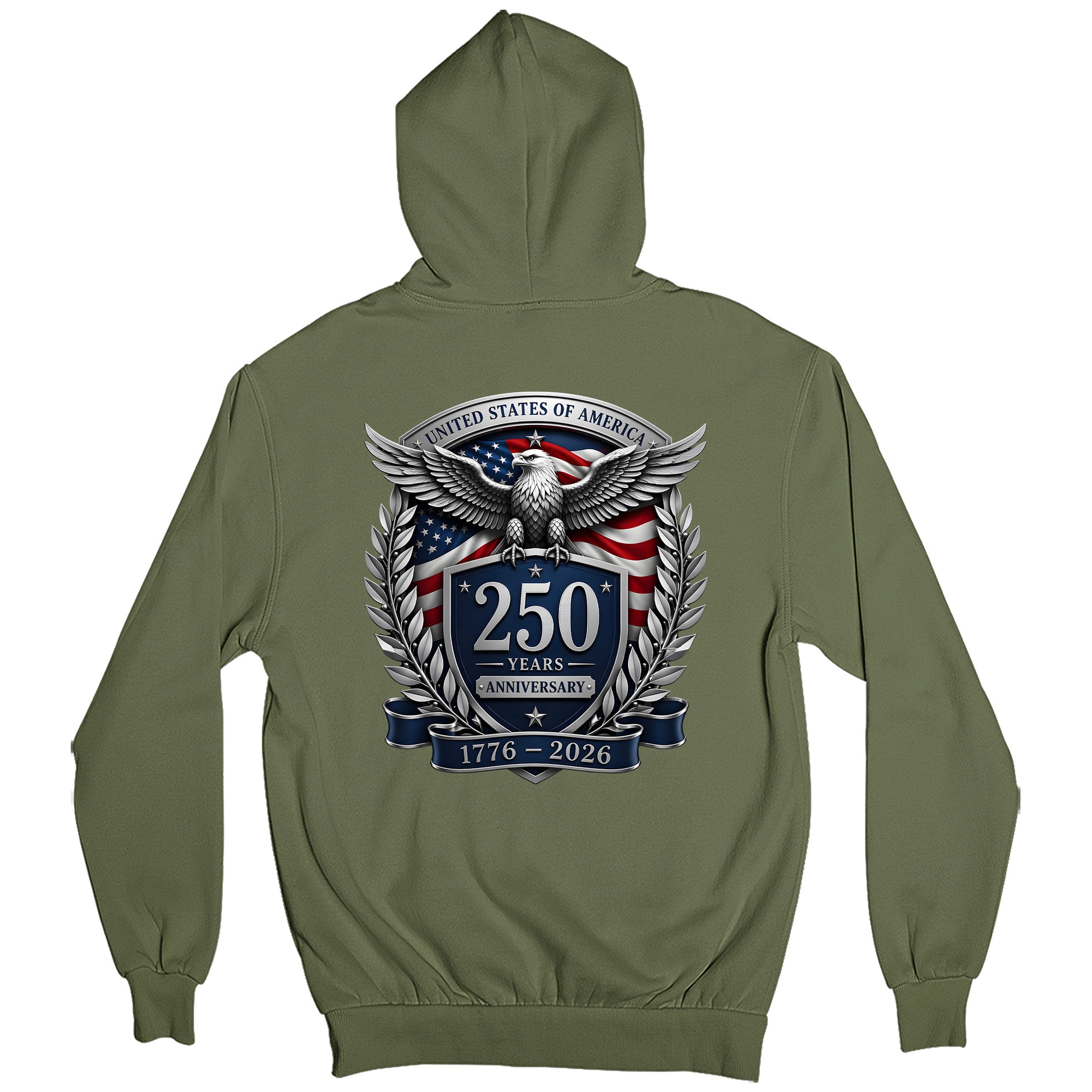America's 250th birthday hoodie. USA 250 years anniversary hoodie with freedom eagle design and American flag back print. Military Patriotic Hoodie