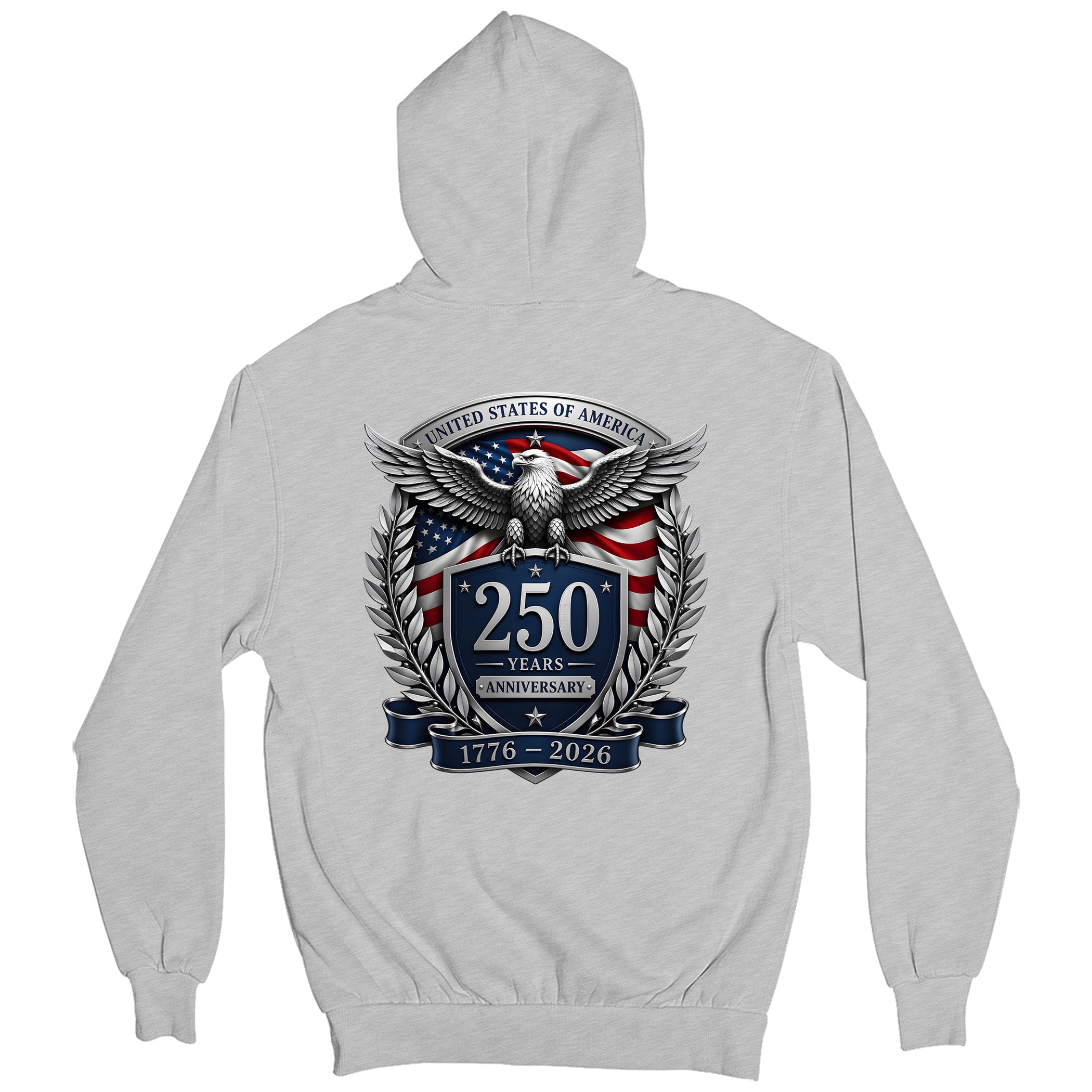 America's 250th birthday hoodie. USA 250 years anniversary hoodie with freedom eagle design and American flag back print. Gray Patriotic Hoodie